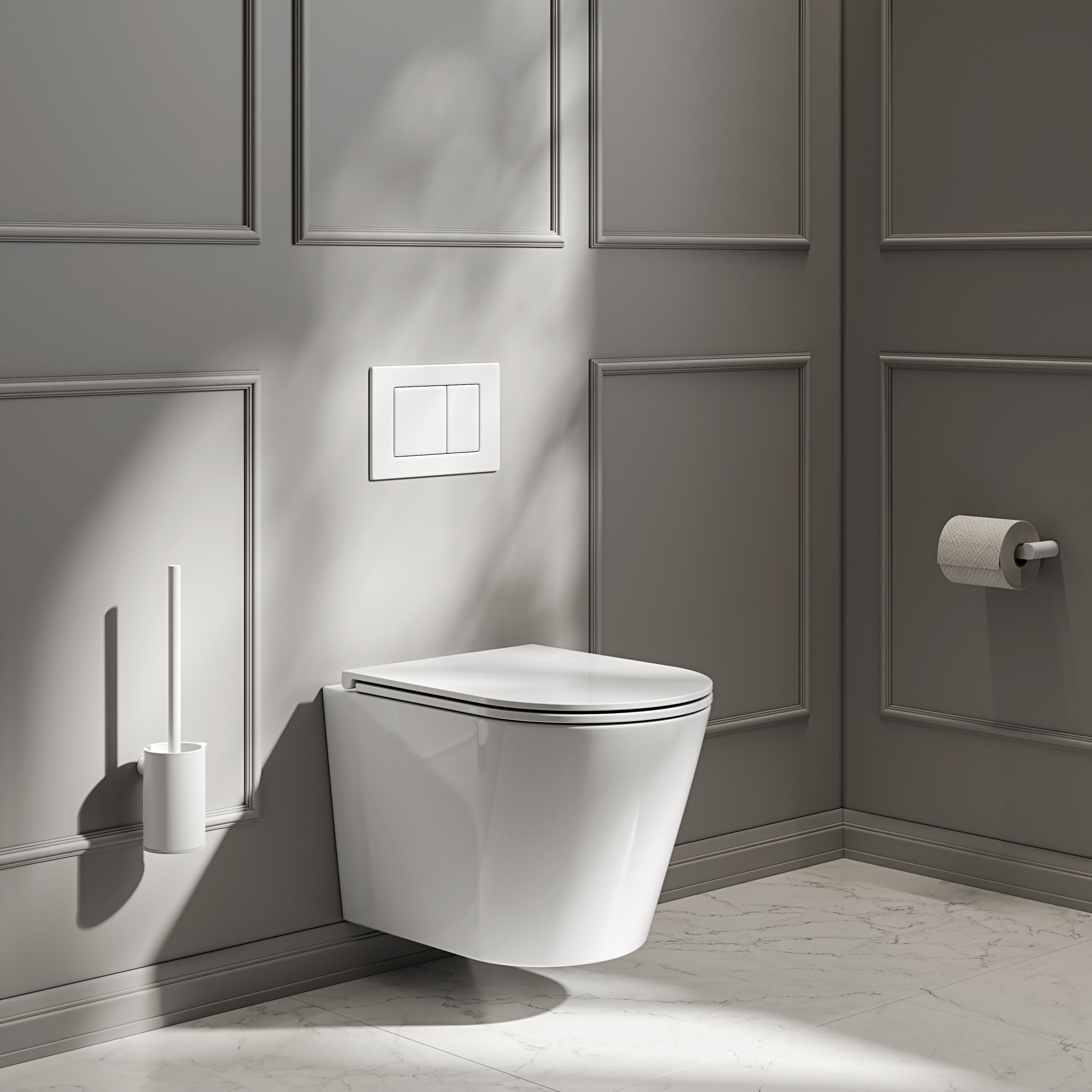 Nuvo Wall Hung Rimless Polished White Toilet with Concealed Frame Cistern & Matte White Flush Plate