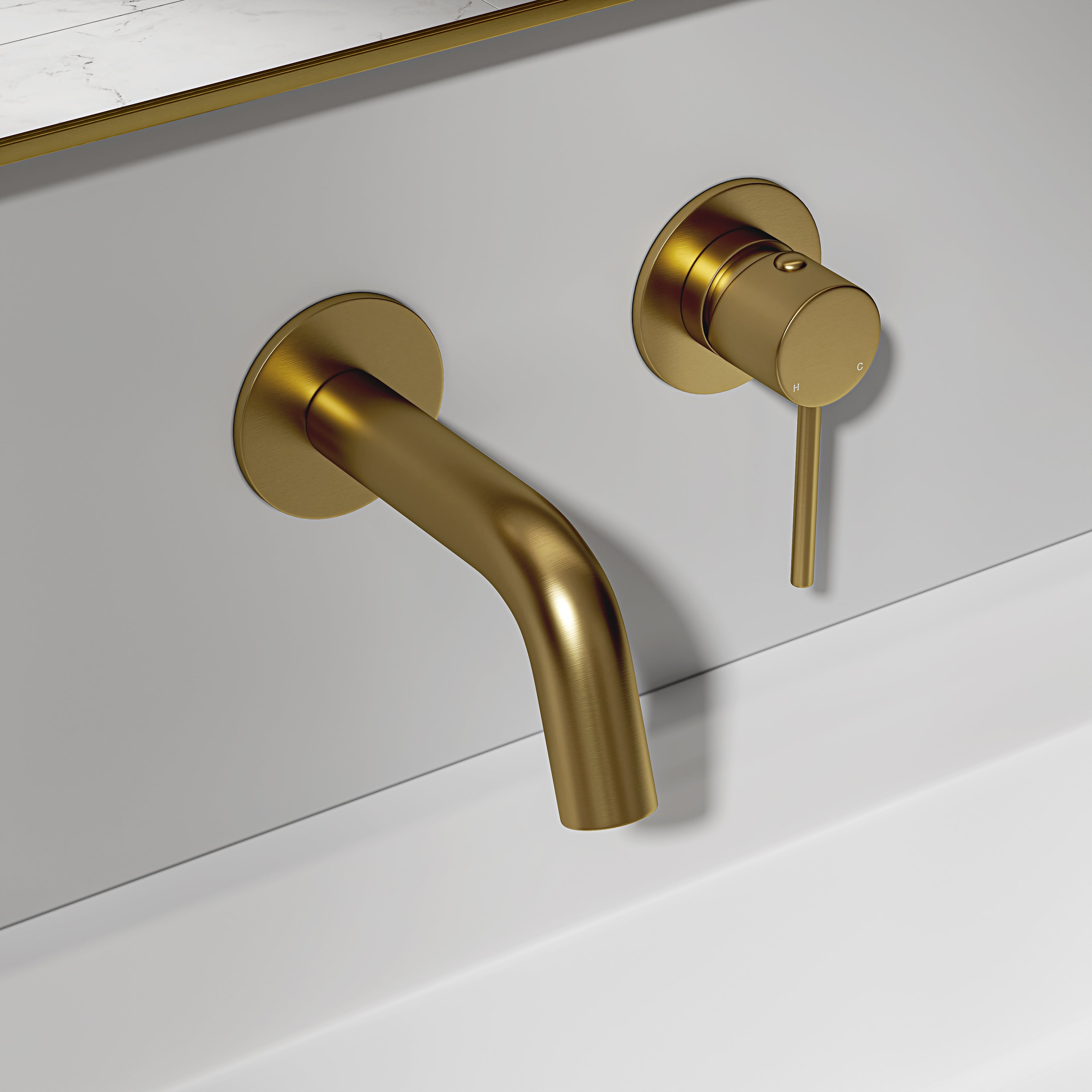 Nuvo Brushed Gold Short Projection Wall Mounted Basin Mixer Tap