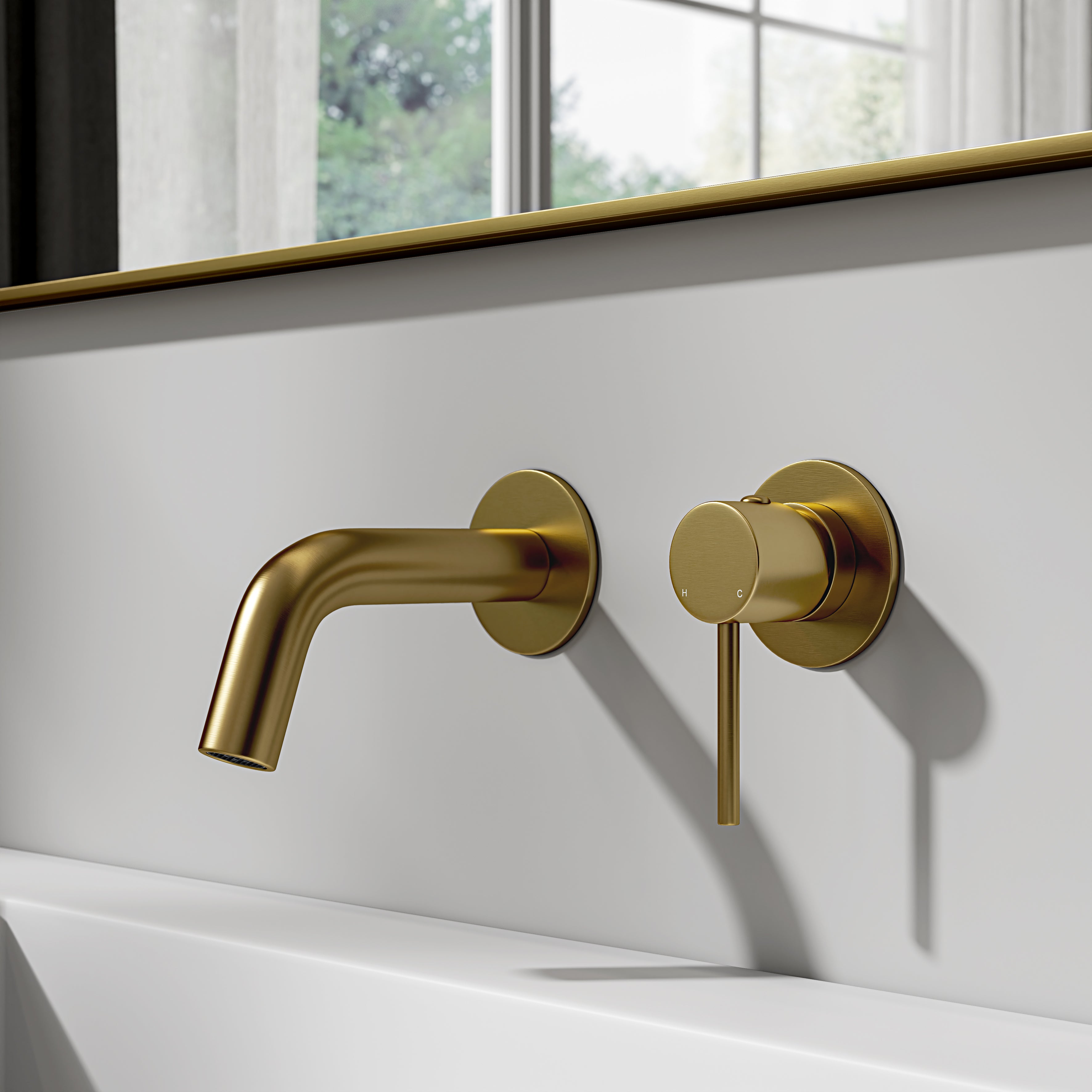 Round Brushed Gold Bidet Mixer Tap Faucet – Deck Mounted, Brass, Lever Handles, Contemporary Bathroom