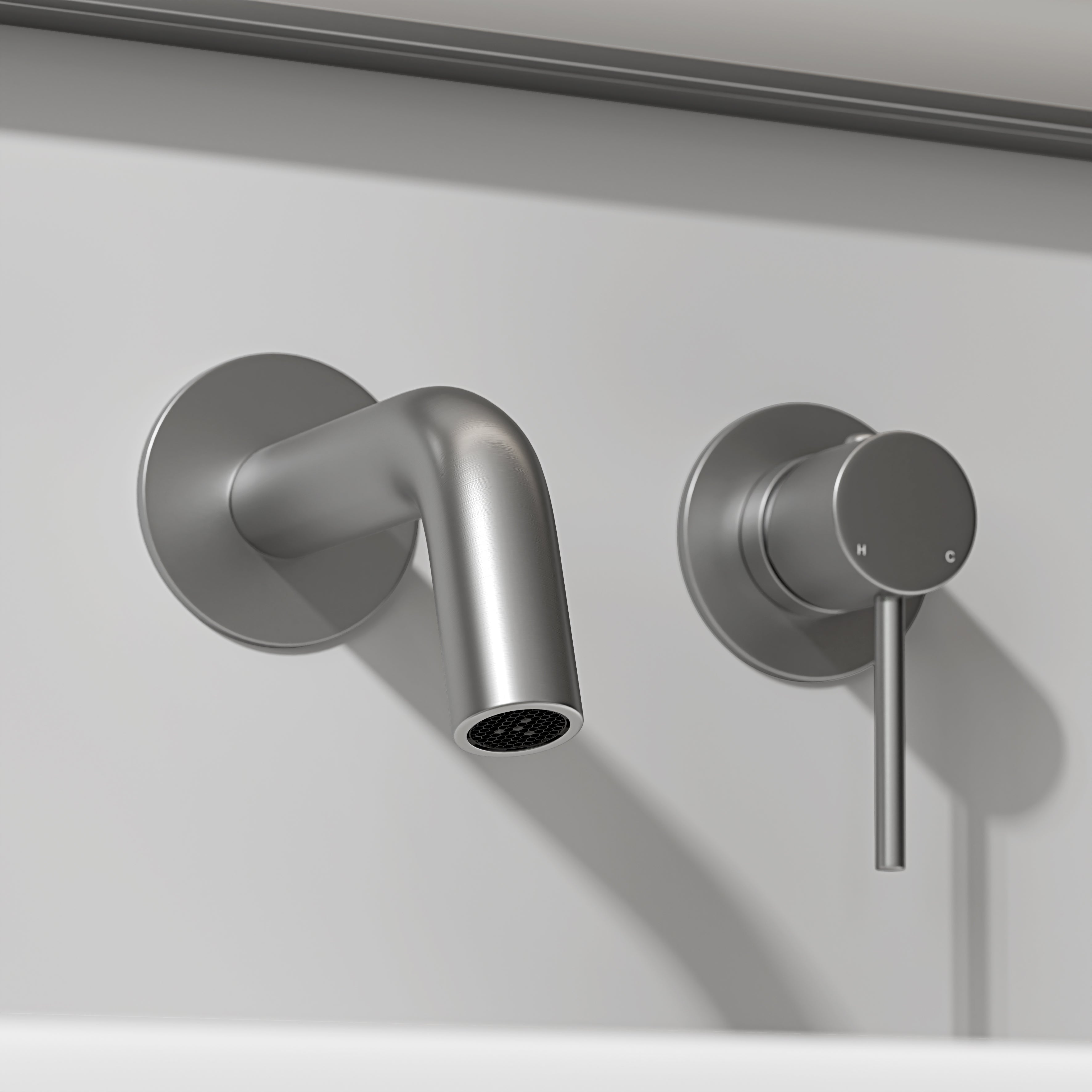 Nuvo Brushed Stainless Short Projection Wall Mounted Basin Mixer Tap