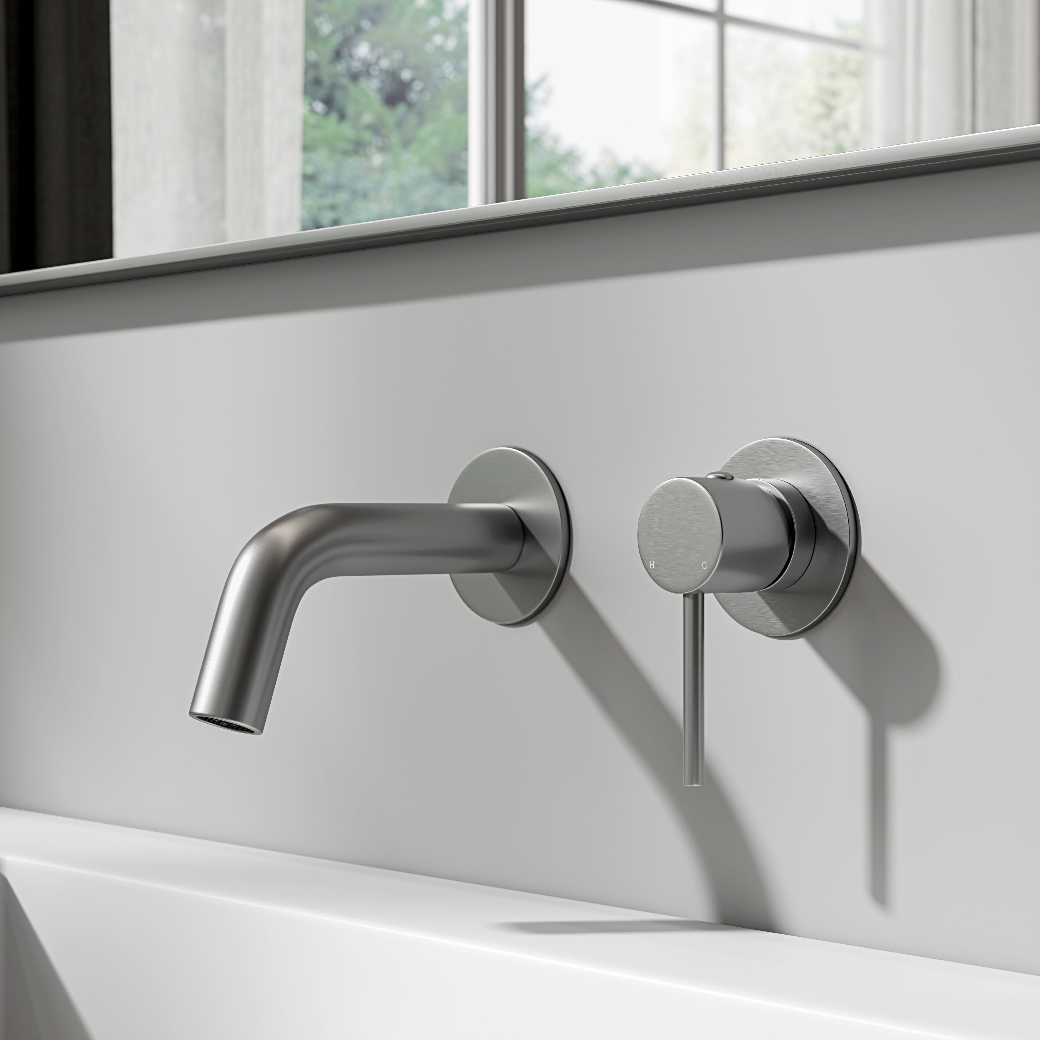 Nuvo Brushed Stainless Short Projection Wall Mounted Basin Mixer Tap