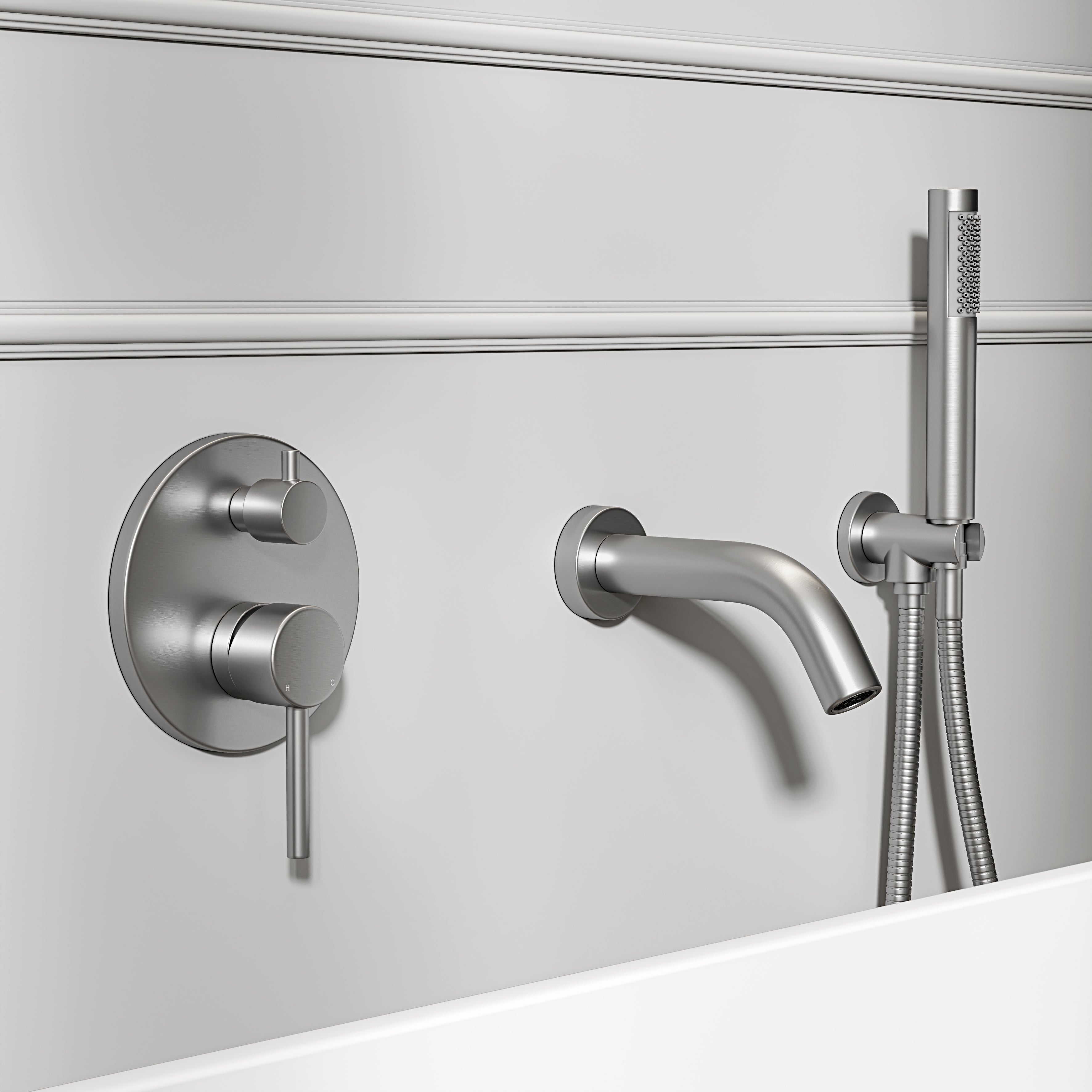 Nuvo Brushed Stainless Wall Mounted Bath Shower Mixer Tap