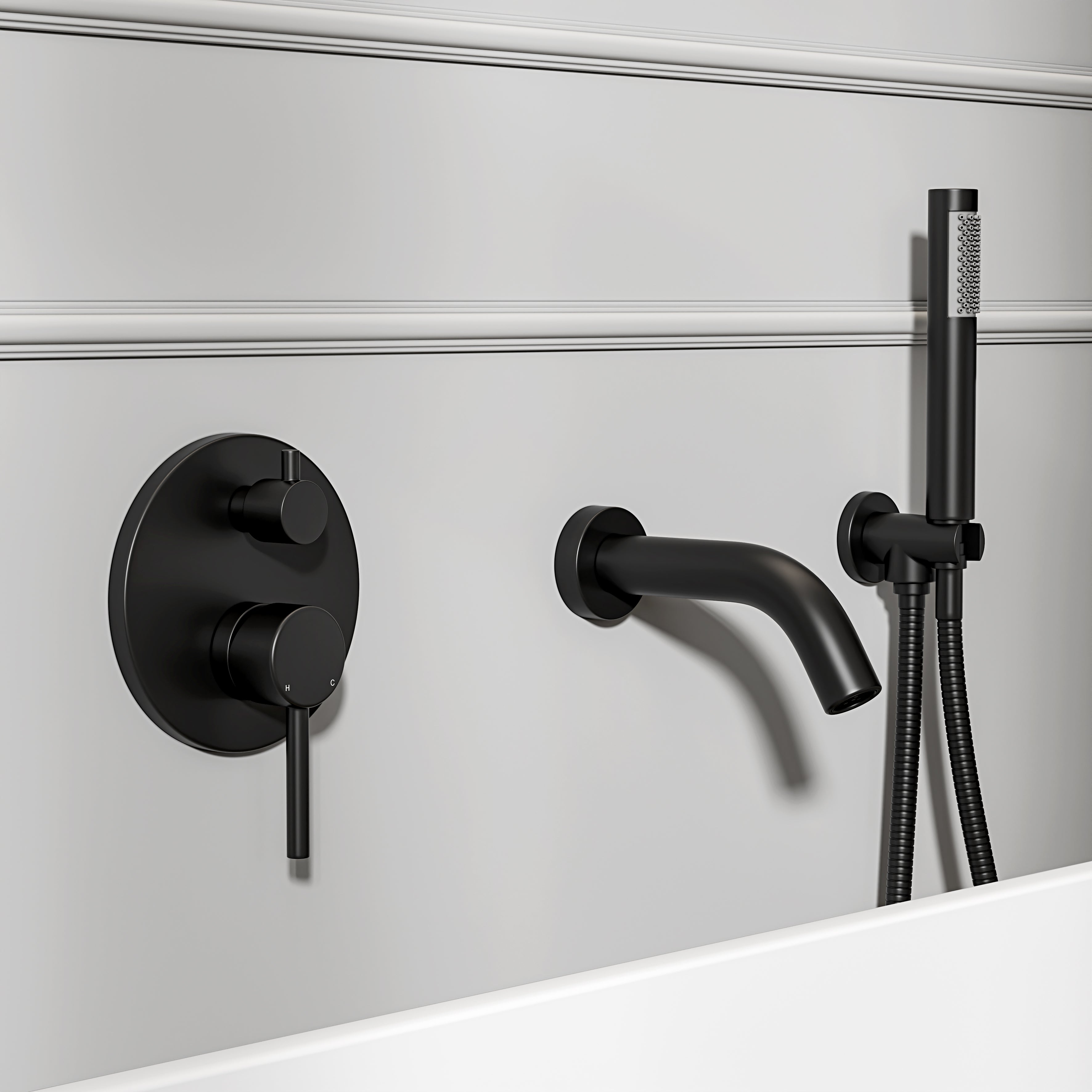Nuvo Matte Black Wall Mounted Bath Shower Mixer Tap