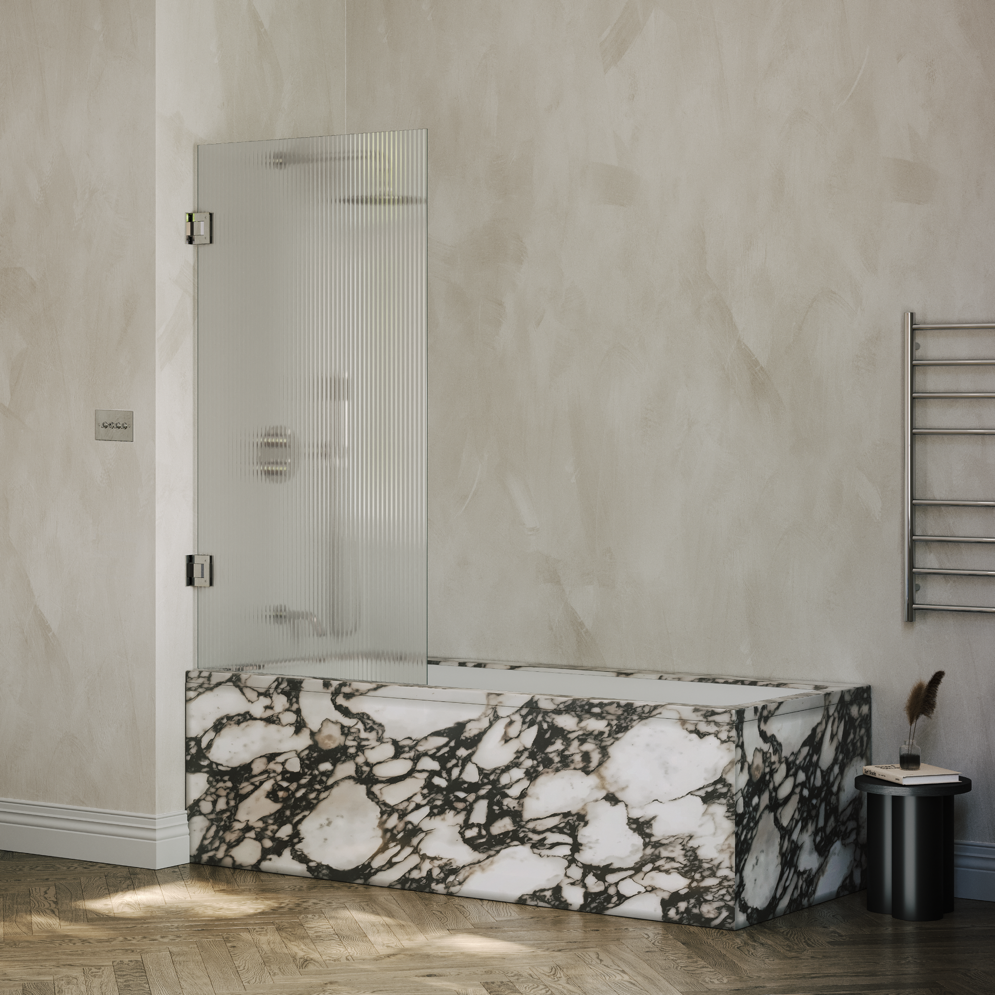 Sterling Reeded Frameless Bath Shower Screen 800mm with Chrome Hinge