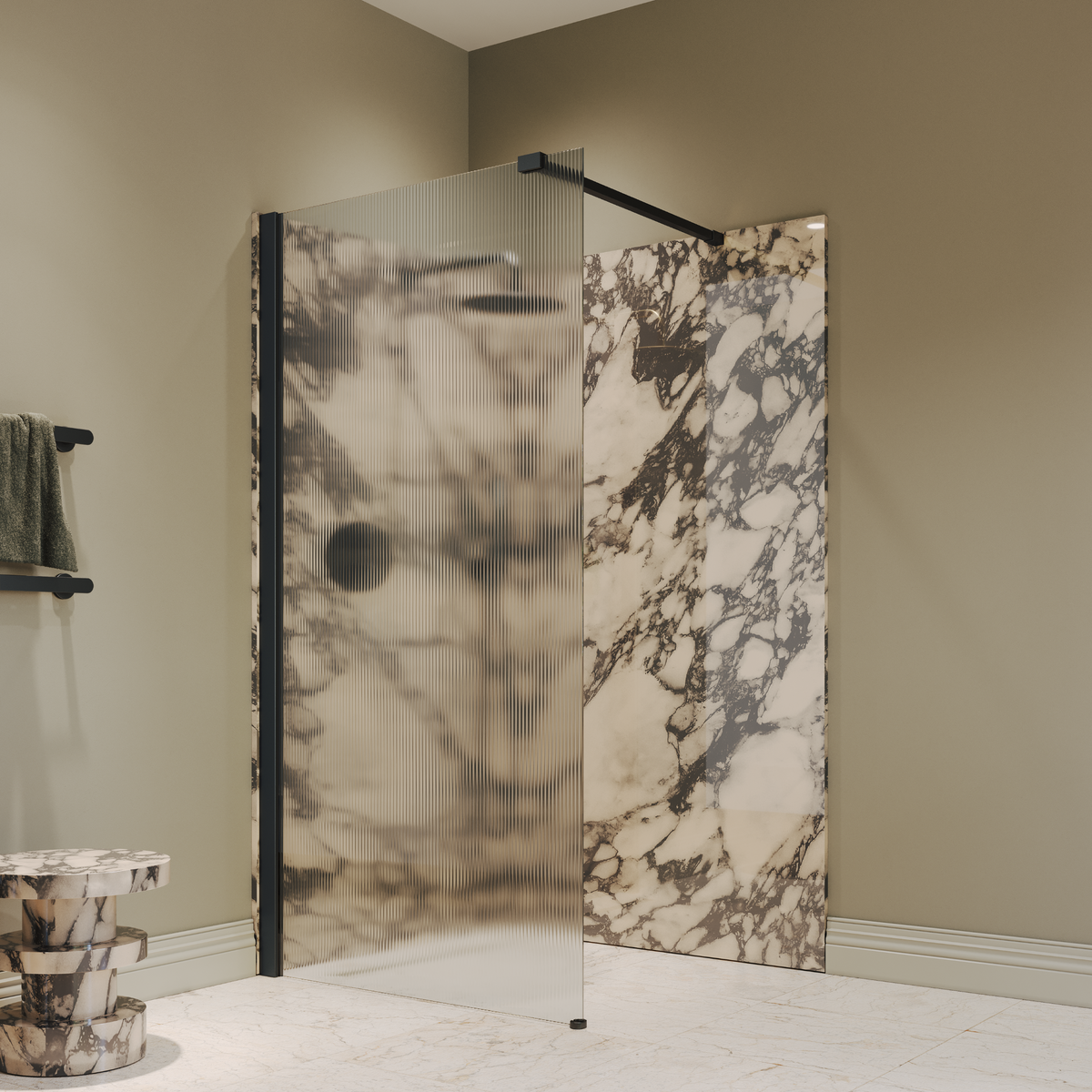 Sterling Reeded Frameless Matte Black Shower Screen
