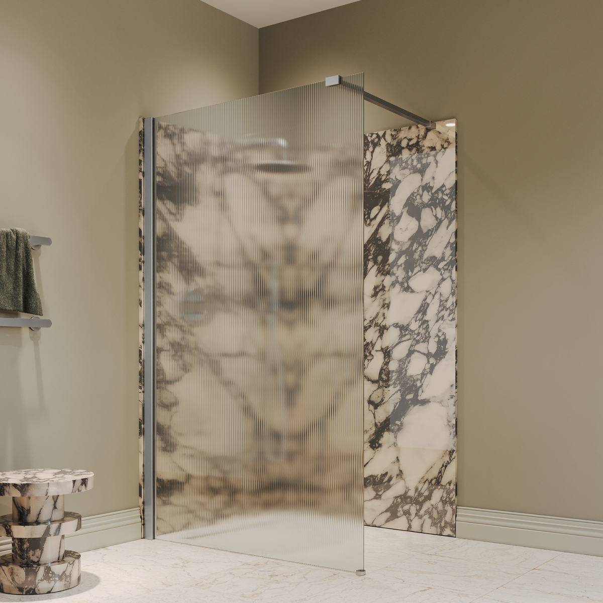 Sterling Reeded Frameless Brushed Stainless Shower Screen