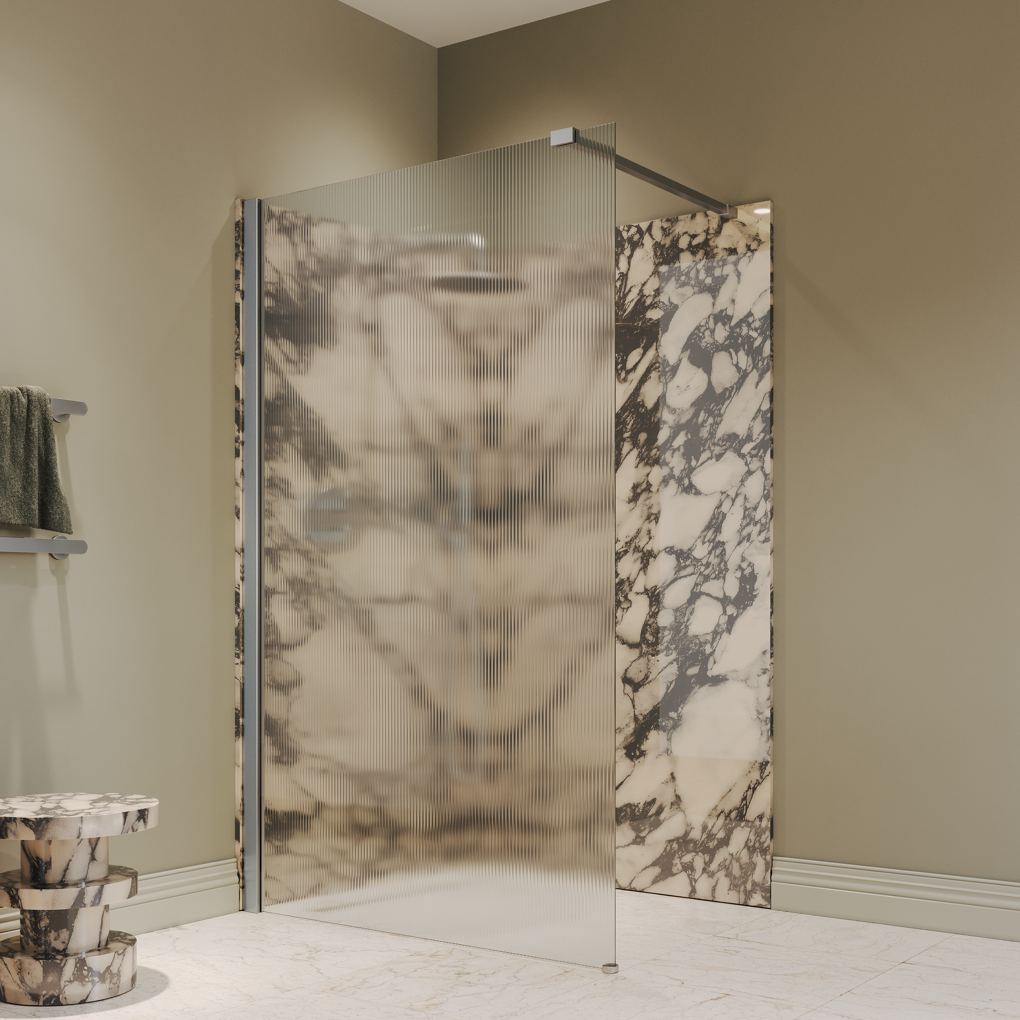 Sterling Reeded Frameless Brushed Stainless Shower Screen