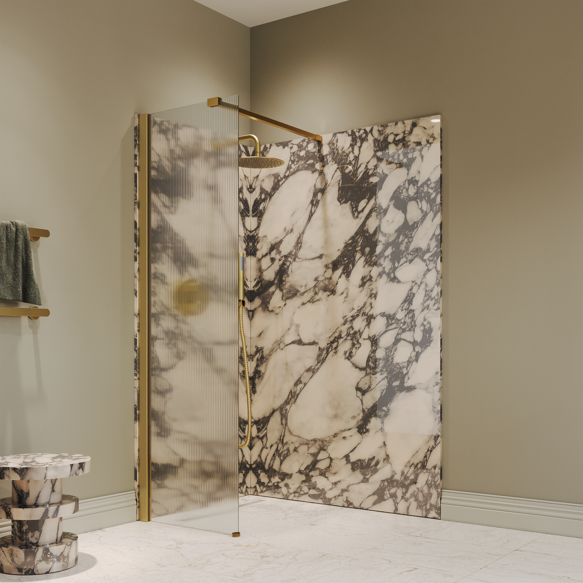 Sterling Reeded Frameless Brushed Gold Shower Screen