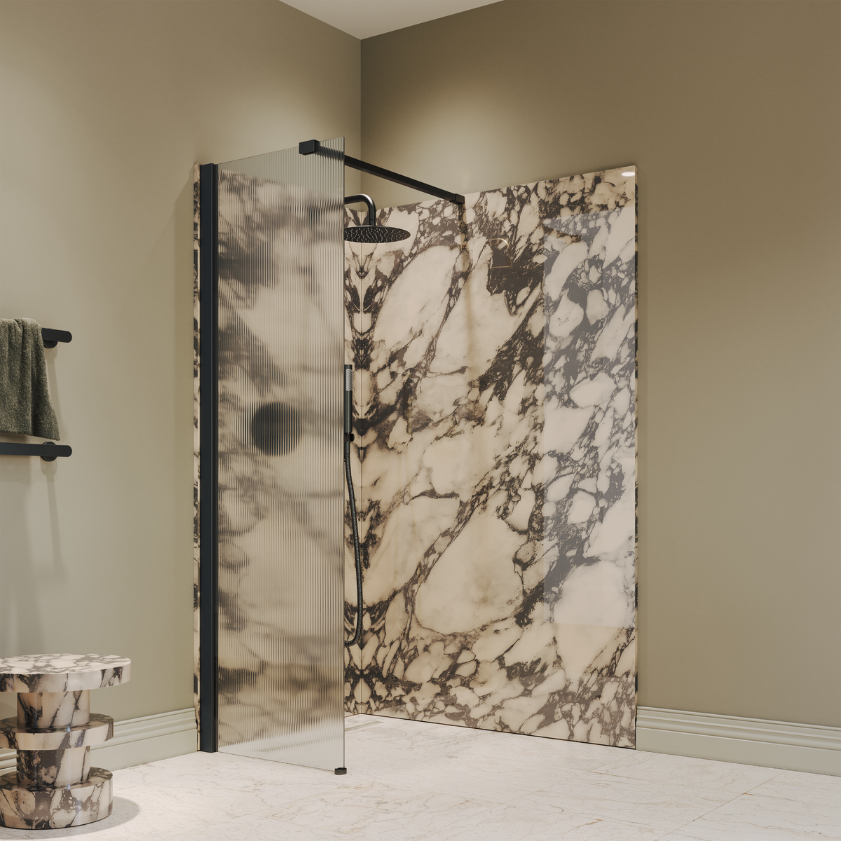 Sterling Reeded Frameless Matte Black Shower Screen