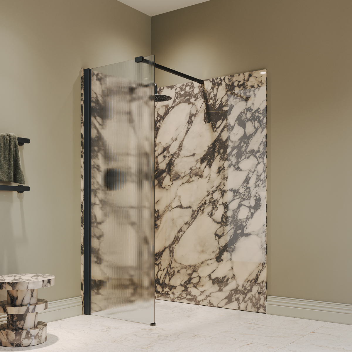 Sterling Reeded Frameless Matte Black Shower Screen