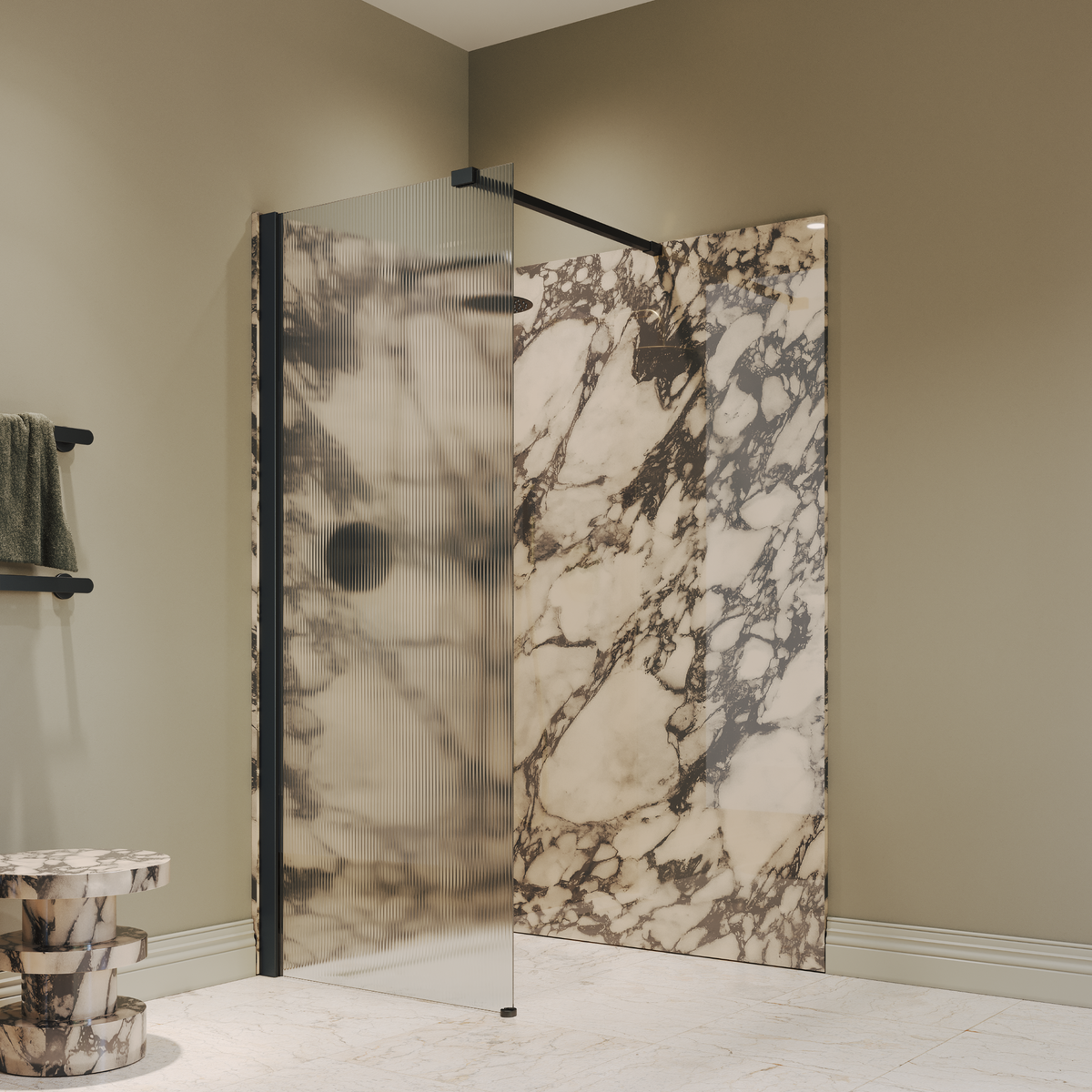 Sterling Reeded Frameless Matte Black Shower Screen