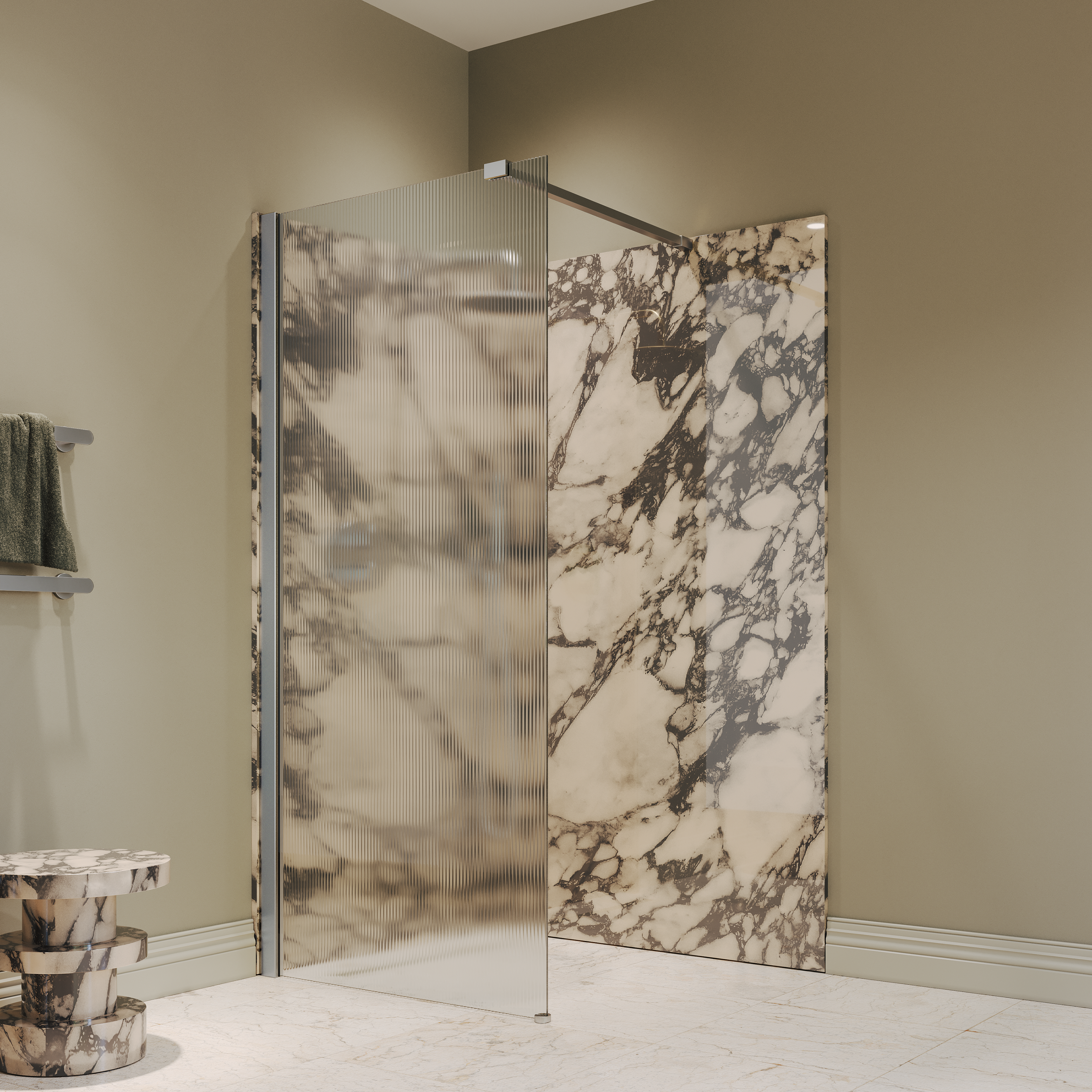 Sterling Reeded Frameless Brushed Stainless Shower Screen