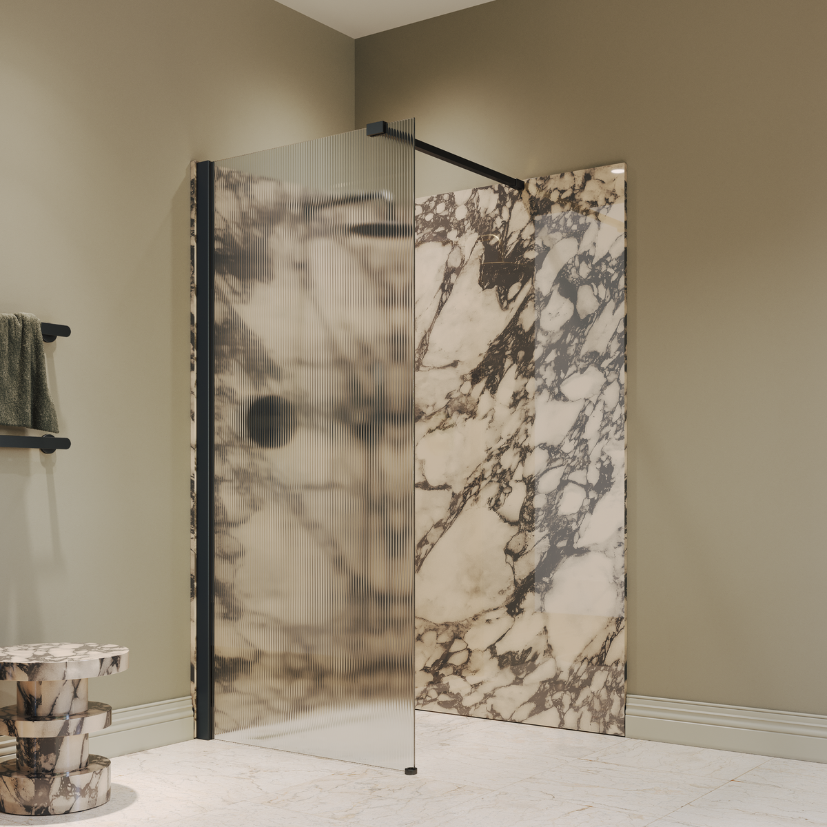 Sterling Reeded Frameless Matte Black Shower Screen