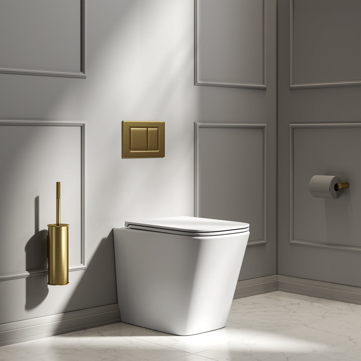 Arlo Matte White Back To Wall Rimless Toilet with Concealed Cistern & Brushed Gold Flush Plate