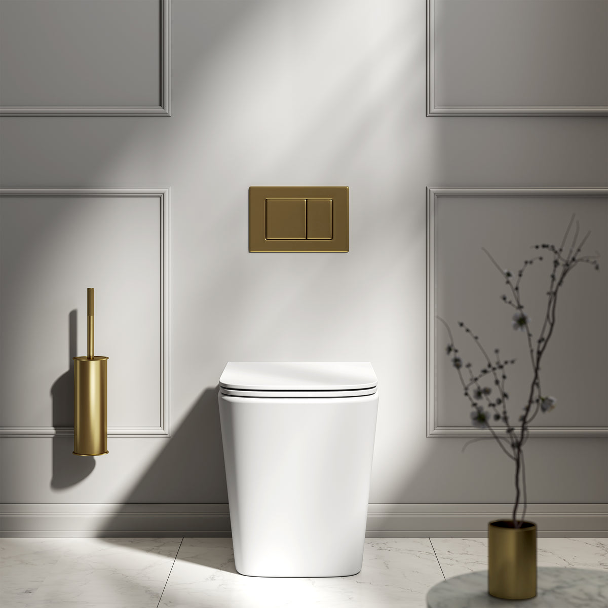 Arlo Matte White Back To Wall Rimless Toilet with Concealed Cistern & Brushed Gold Flush Plate