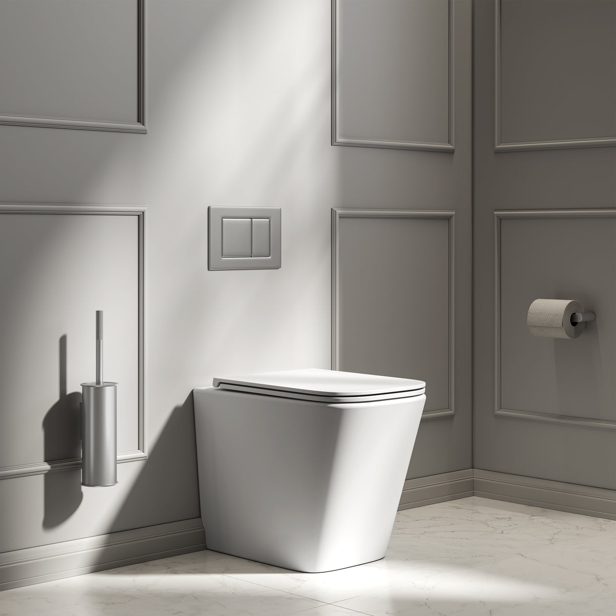 Arlo Matte White Back To Wall Rimless Toilet with Concealed Cistern & Brushed Stainless Flush Plate