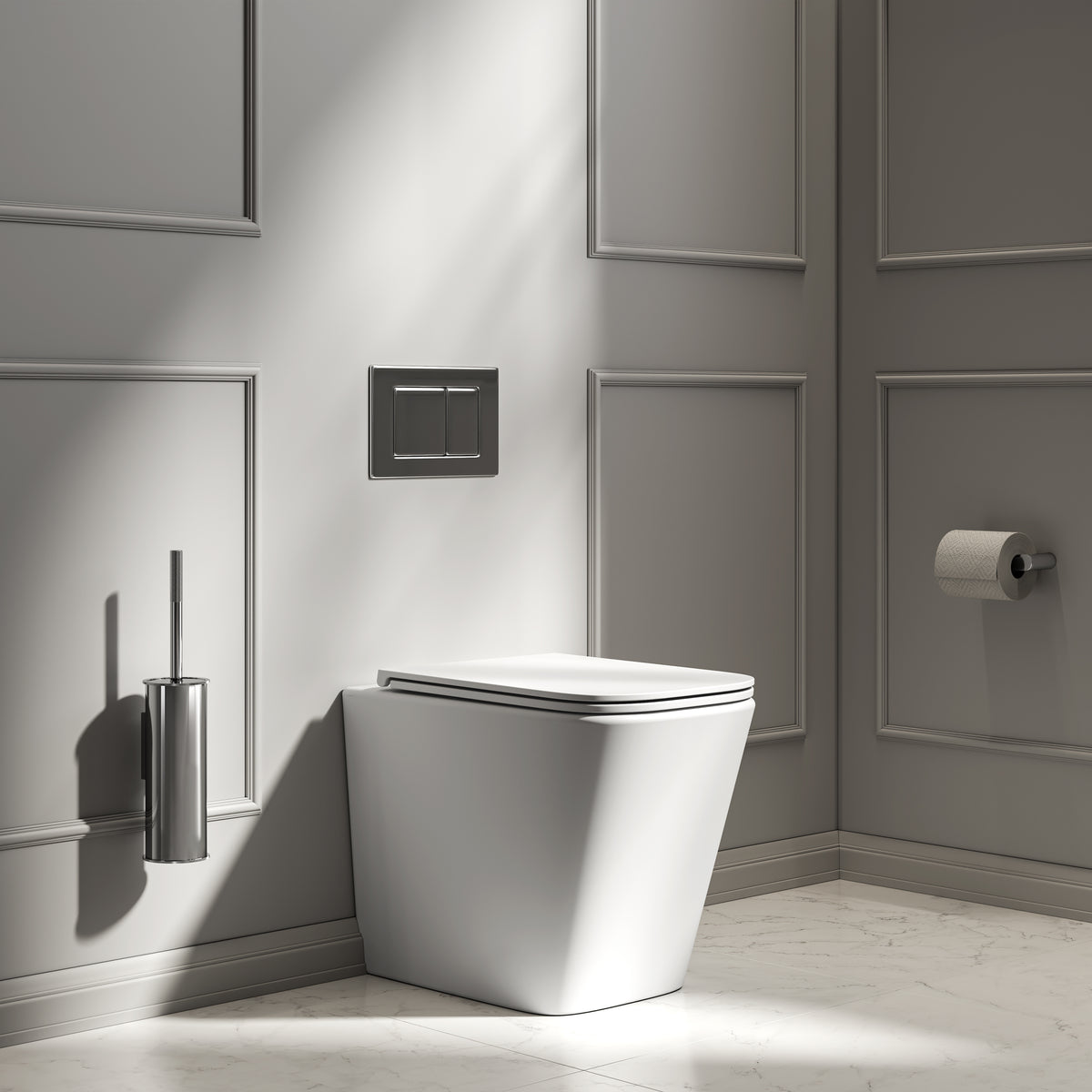 Arlo Matte White Back To Wall Rimless Toilet with Concealed Cistern & Chrome Flush Plate