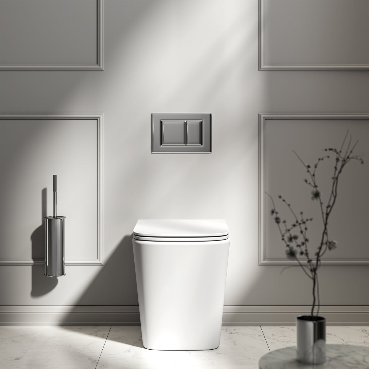 Arlo Matte White Back To Wall Rimless Toilet with Concealed Cistern & Chrome Flush Plate