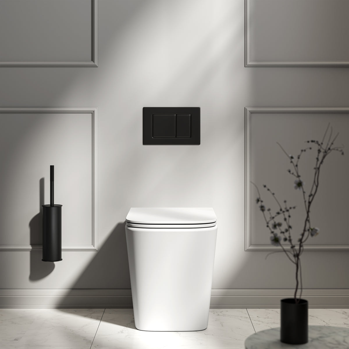 Arlo Matte White Back To Wall Rimless Toilet with Concealed Cistern & Matte Black Flush Plate