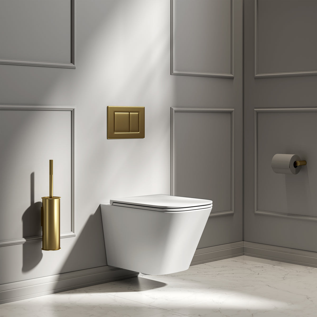 Arlo Matte White Wall Hung Rimless Toilet with Concealed Cistern & Brushed Gold Flush Plate