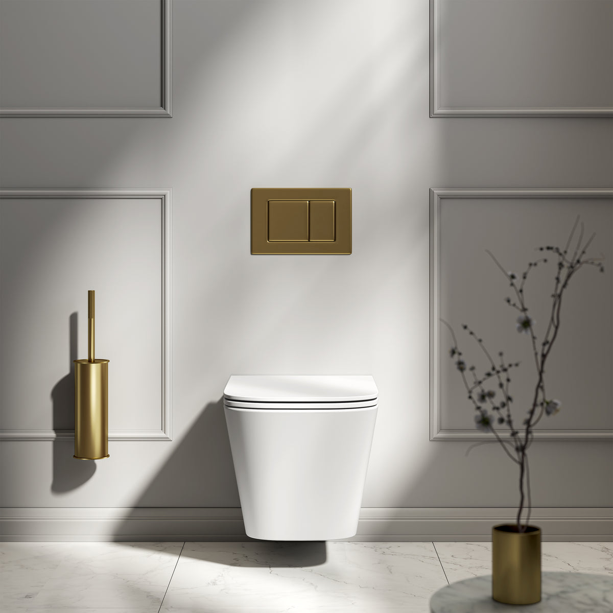 Arlo Matte White Wall Hung Rimless Toilet with Concealed Cistern & Brushed Gold Flush Plate