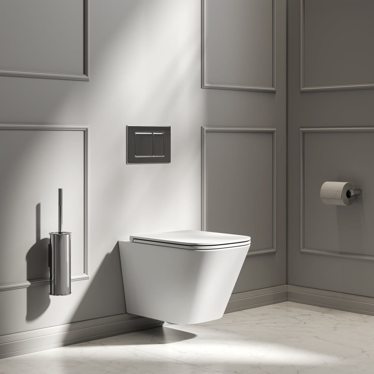 Arlo Matte White Wall Hung Rimless Toilet with Concealed Cistern & Chrome Flush Plate