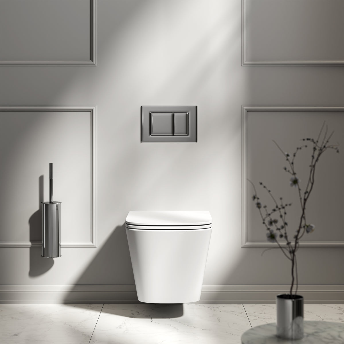 Arlo Matte White Wall Hung Rimless Toilet with Concealed Cistern & Chrome Flush Plate