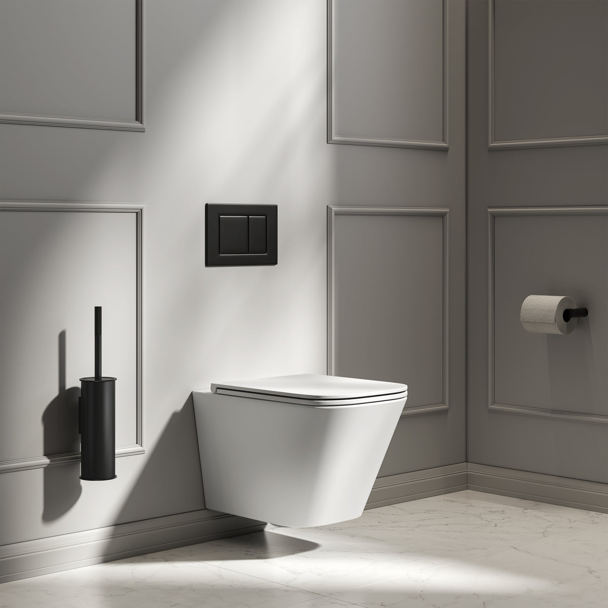 Arlo Matte White Wall Hung Rimless Toilet with Concealed Cistern & Matte Black Flush Plate