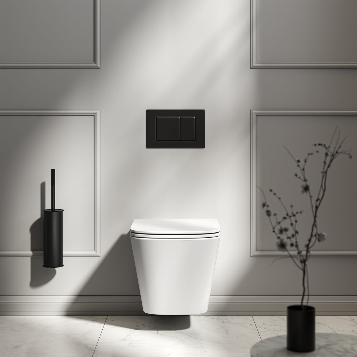 Arlo Matte White Wall Hung Rimless Toilet with Concealed Cistern & Matte Black Flush Plate