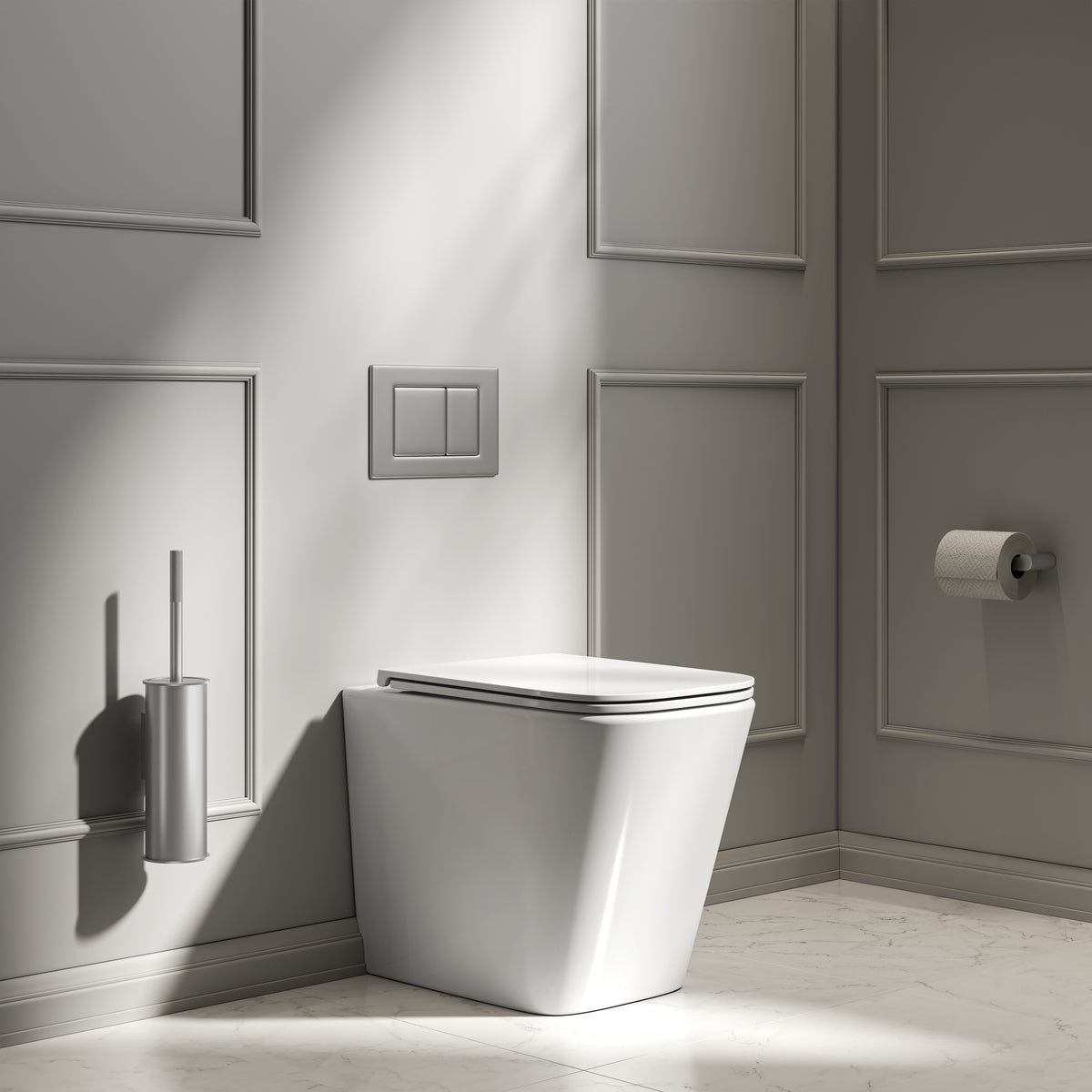 Arlo Polished White Back To Wall Rimless Toilet with Concealed Cistern & Brushed Stainless Flush Plate