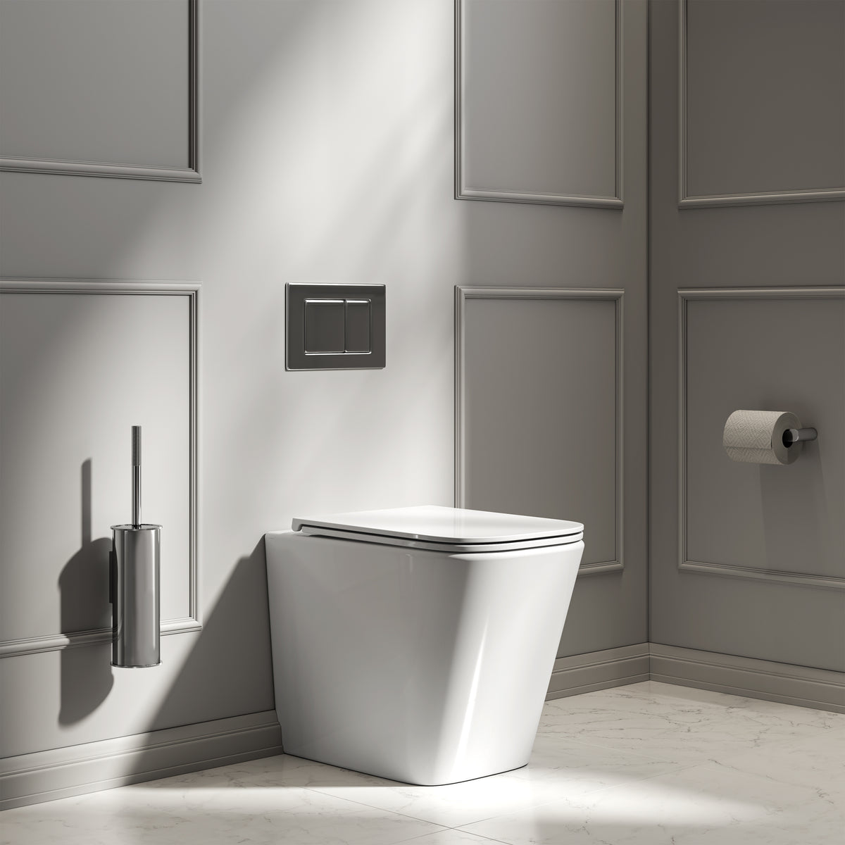 Arlo Polished White Back To Wall Rimless Toilet with Concealed Cistern & Chrome Flush Plate