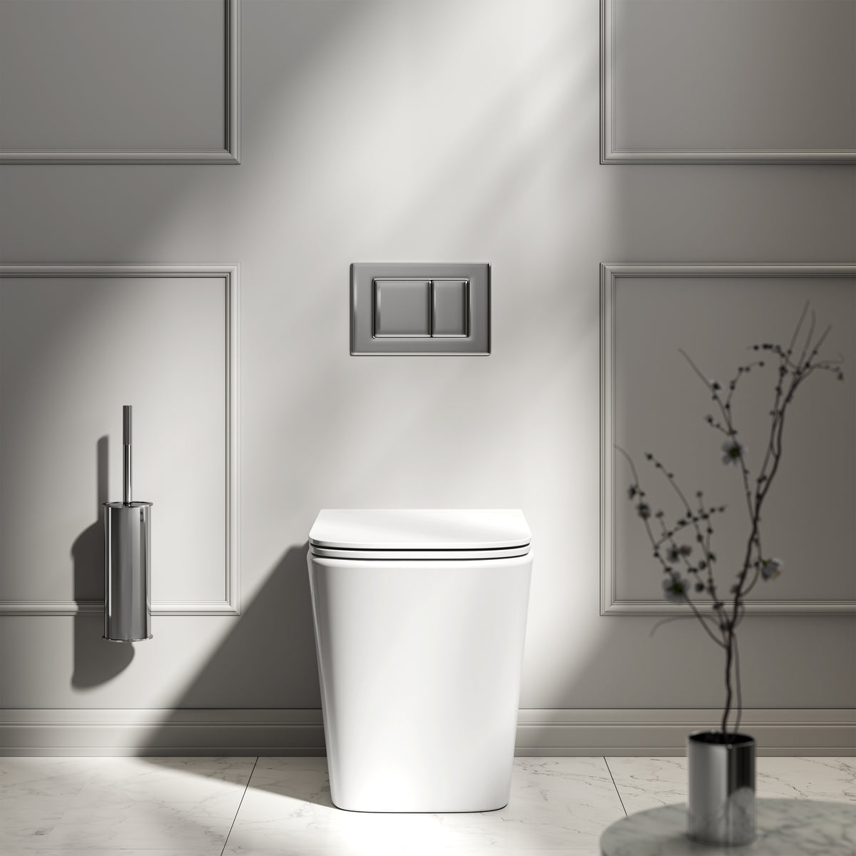 Arlo Polished White Back To Wall Rimless Toilet with Concealed Cistern & Chrome Flush Plate