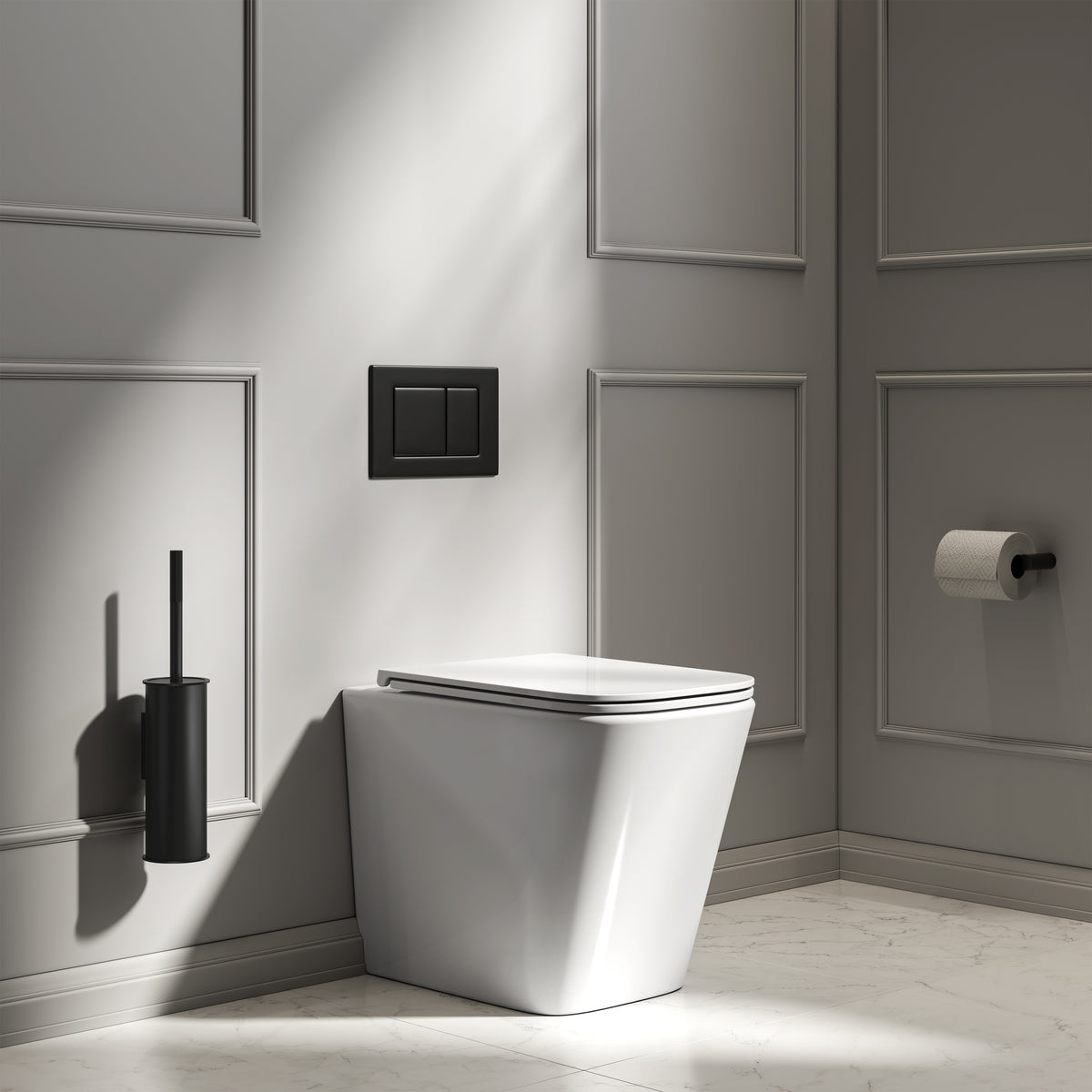 Arlo Polished White Back To Wall Rimless Toilet with Concealed Cistern & Matte Black Flush Plate