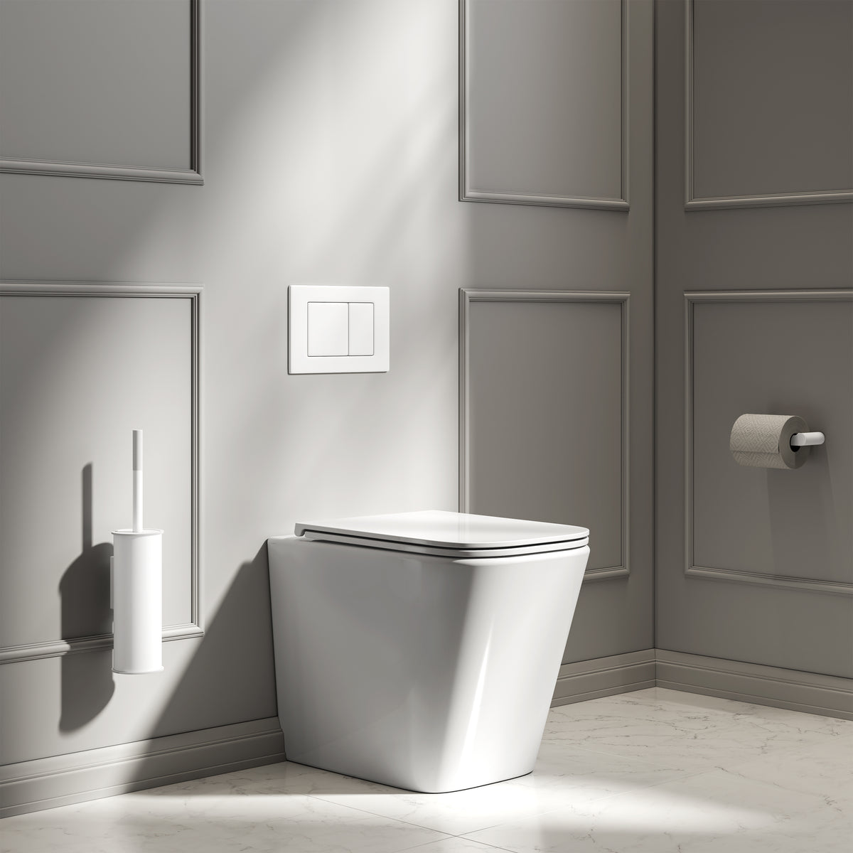 Arlo Polished White Back To Wall Rimless Toilet with Concealed Cistern & Matte White Flush Plate