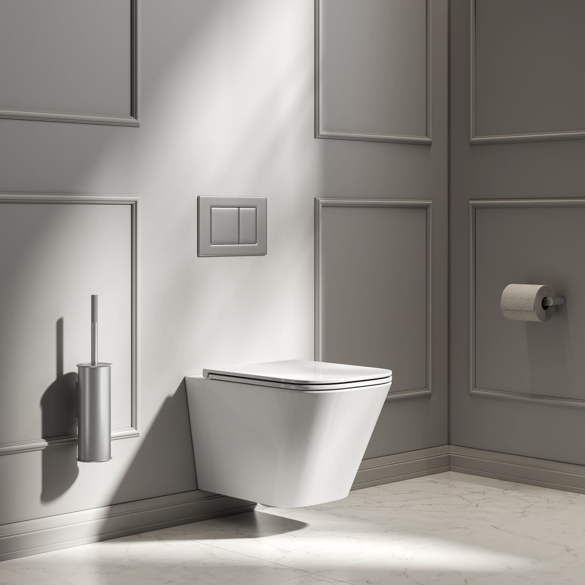 Arlo Polished White Wall Hung Rimless Toilet with Concealed Cistern & Brushed Stainless Flush Plate