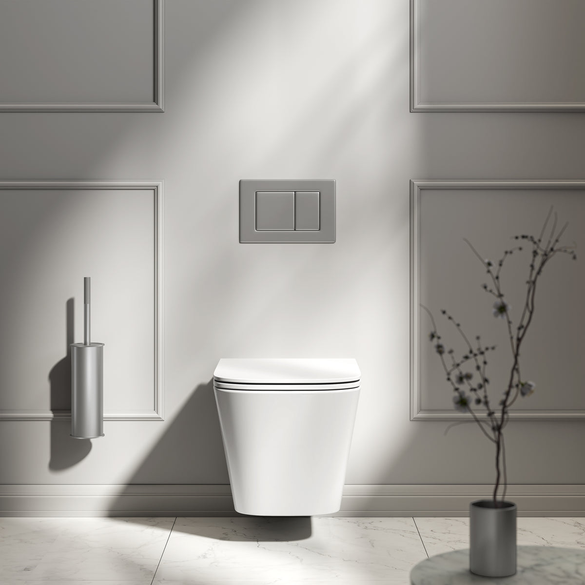 Arlo Polished White Wall Hung Rimless Toilet with Concealed Cistern & Brushed Stainless Flush Plate