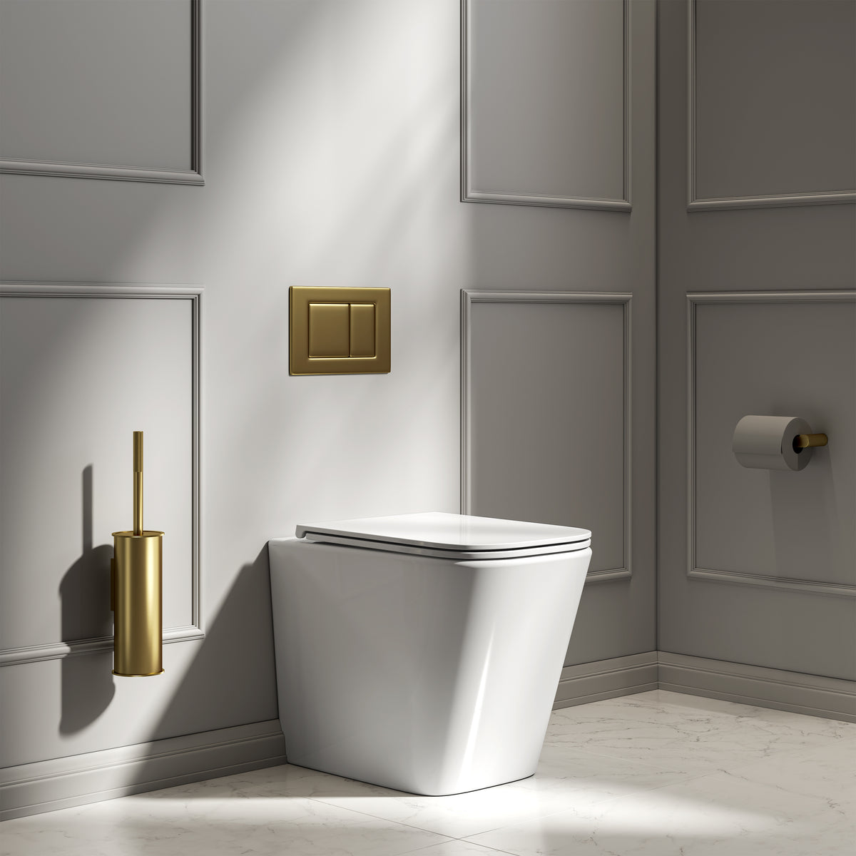 Arlo Polished White Back To Wall Rimless Toilet with Concealed Cistern & Brushed Gold Flush Plate