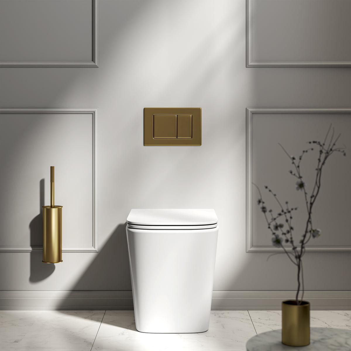 Arlo Polished White Back To Wall Rimless Toilet with Concealed Cistern & Brushed Gold Flush Plate