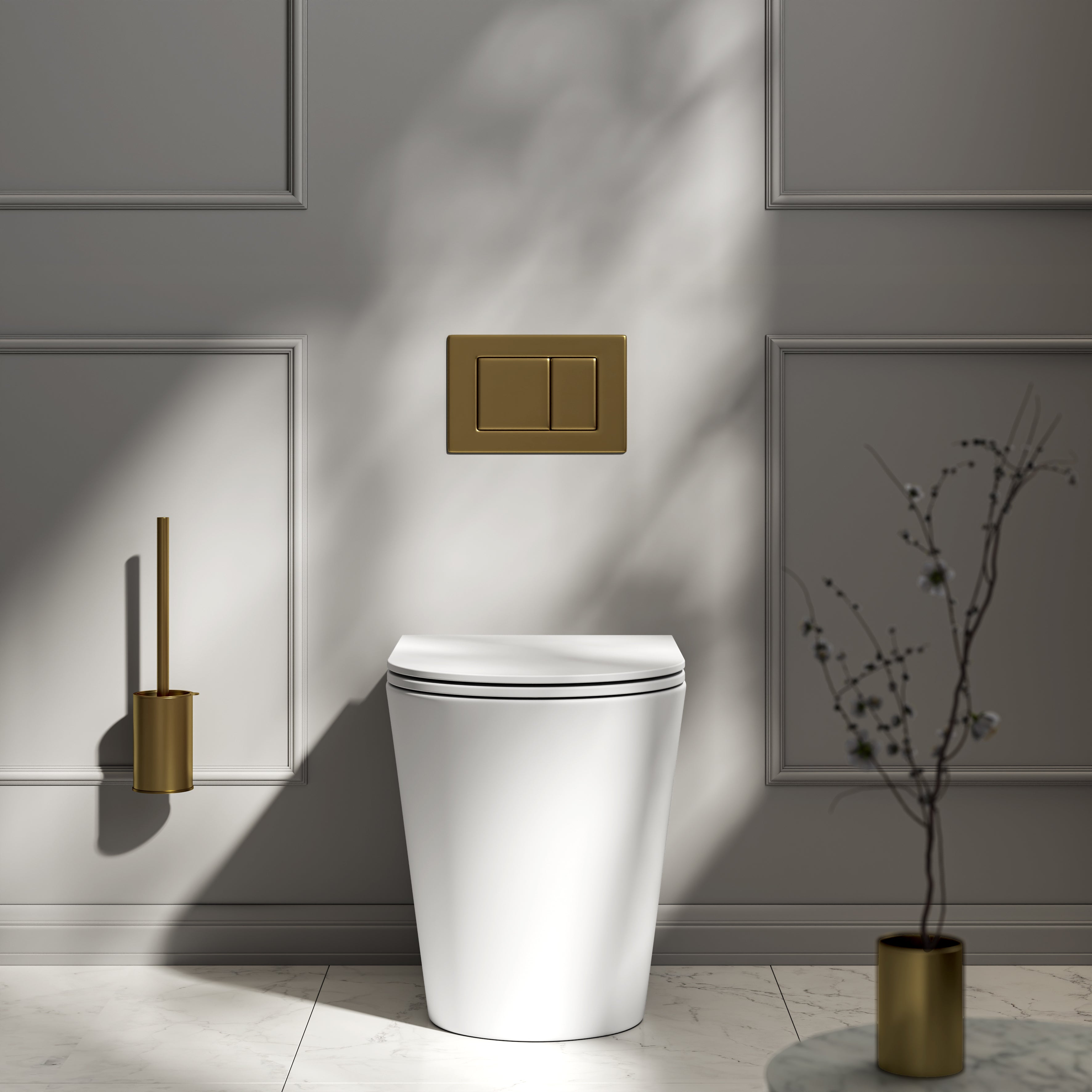 Nuvo Back to Wall Rimless Matte White Toilet with Concealed Cistern & Brushed Gold Flush Plate