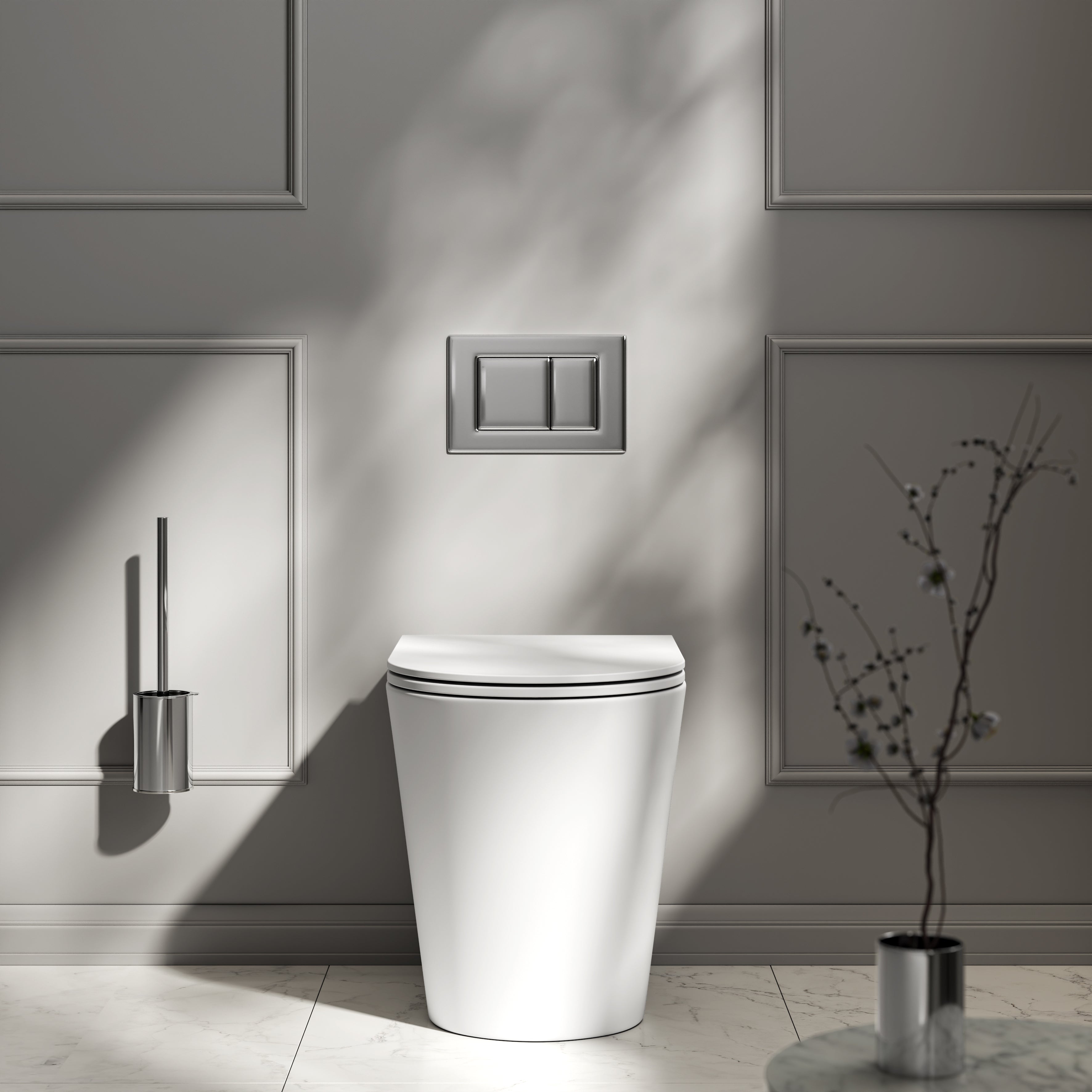 Nuvo Back to Wall Rimless Matte White Toilet with Concealed Cistern & Chrome Flush Plate