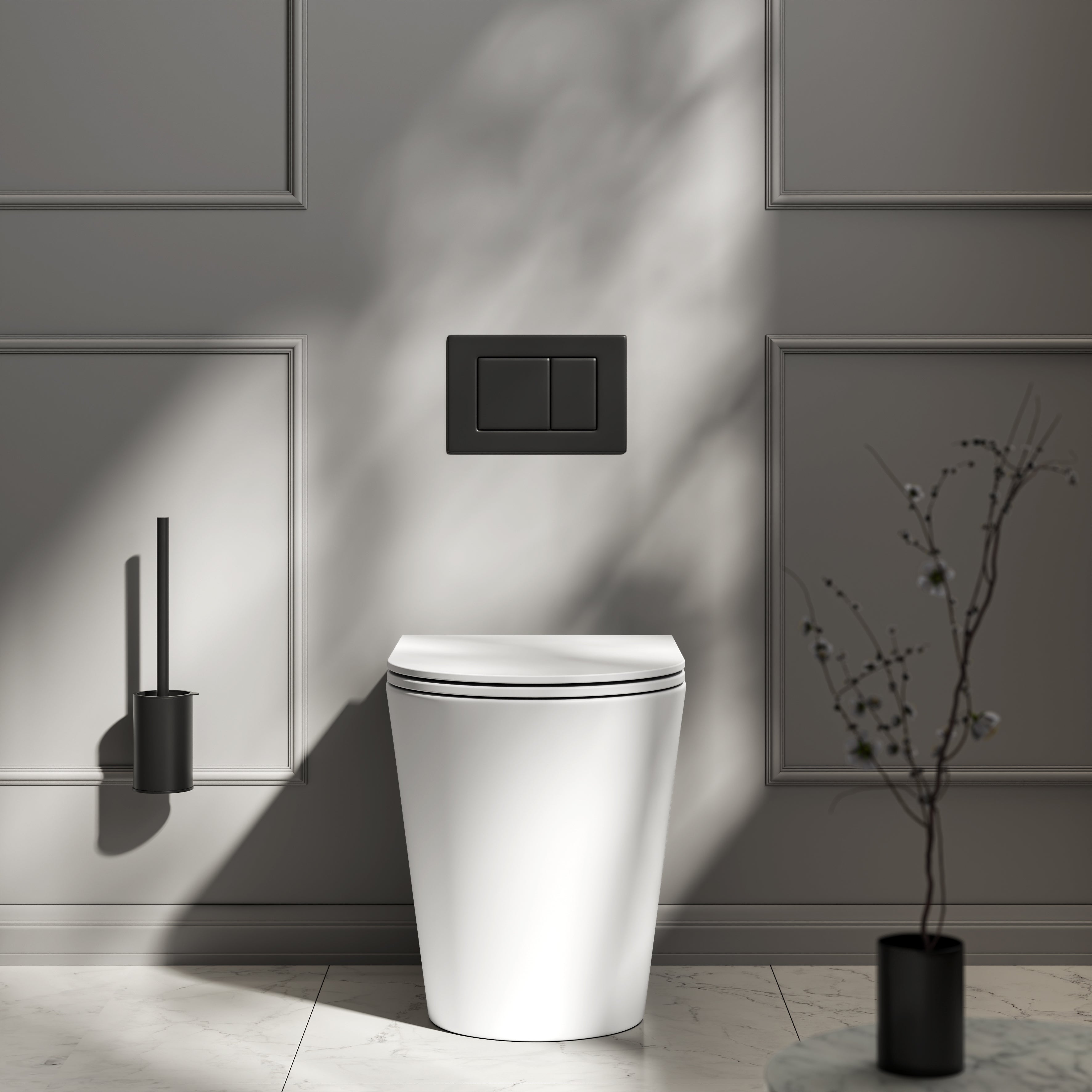 Nuvo Back to Wall Rimless Matte White Toilet with Concealed Cistern & Matte Black Flush Plate