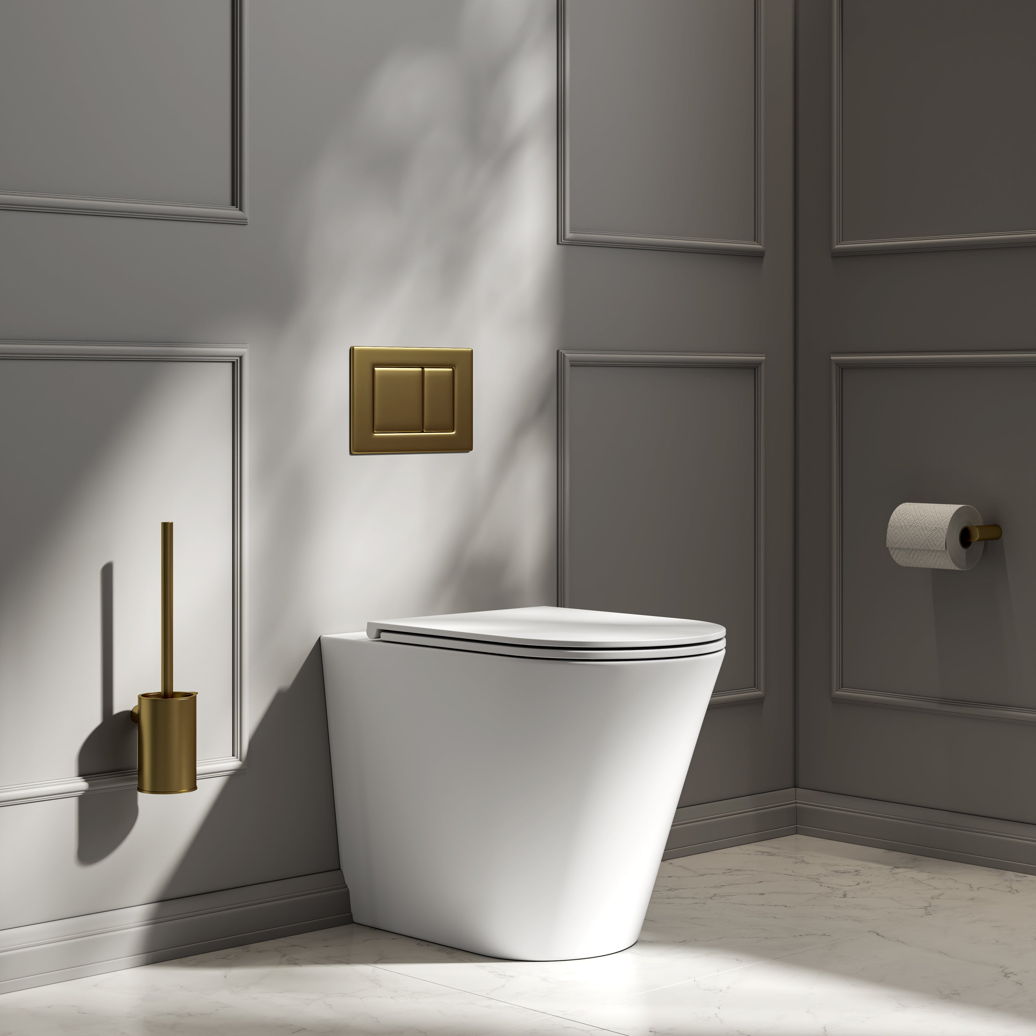 Nuvo Back to Wall Rimless Matte White Toilet with Concealed Cistern & Brushed Gold Flush Plate