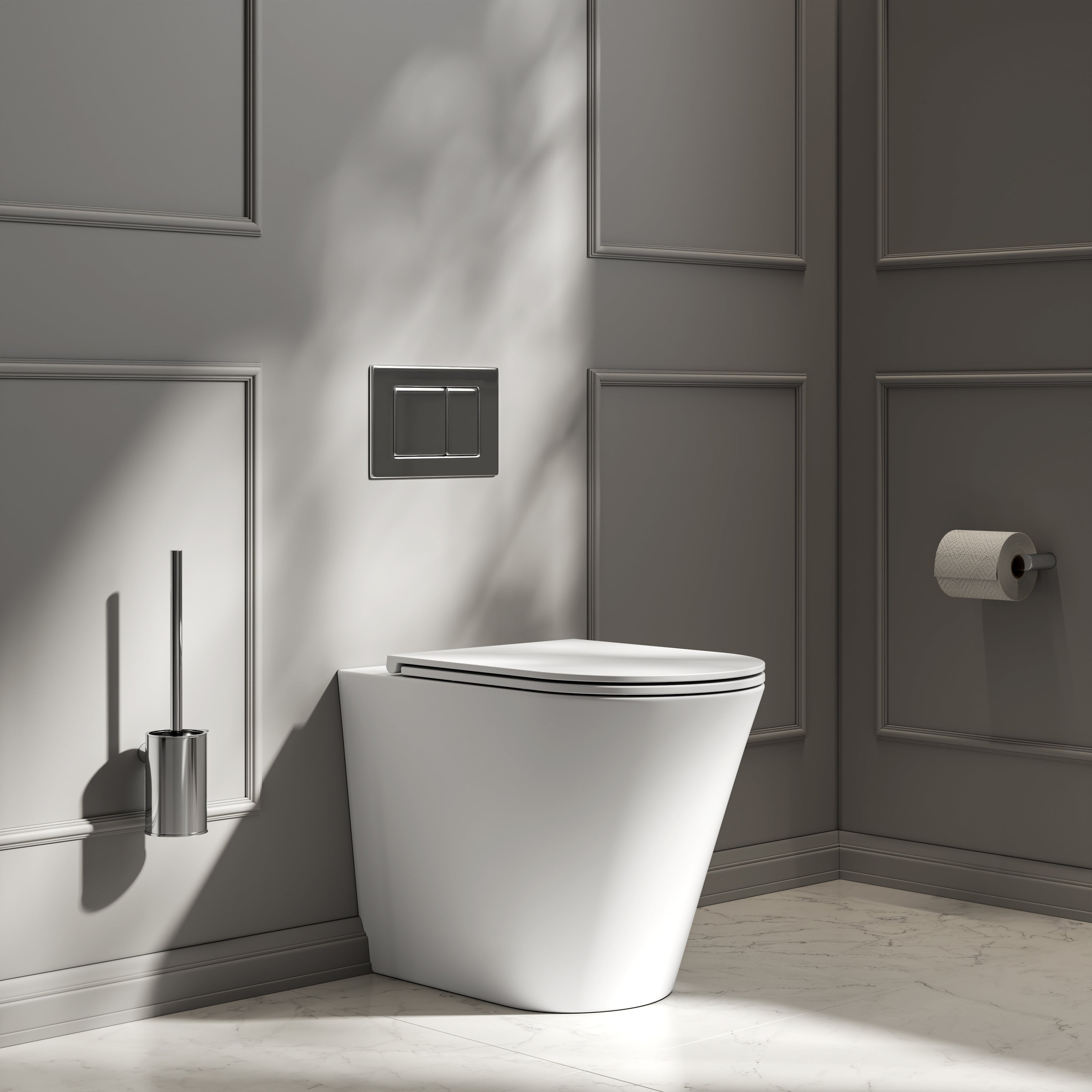 Nuvo Back to Wall Rimless Matte White Toilet with Concealed Cistern & Chrome Flush Plate