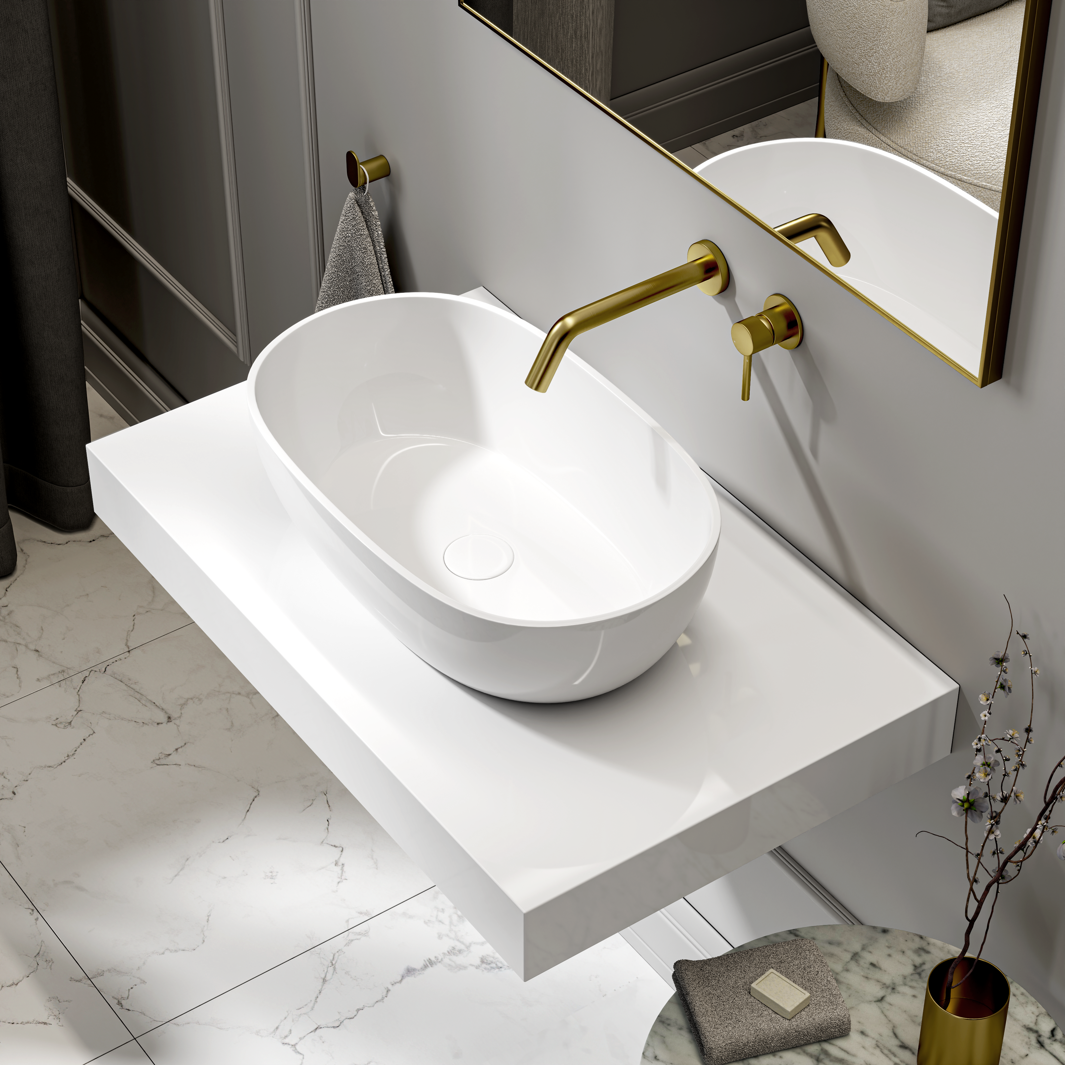 Bromley White Countertop Stone Basin 560mm