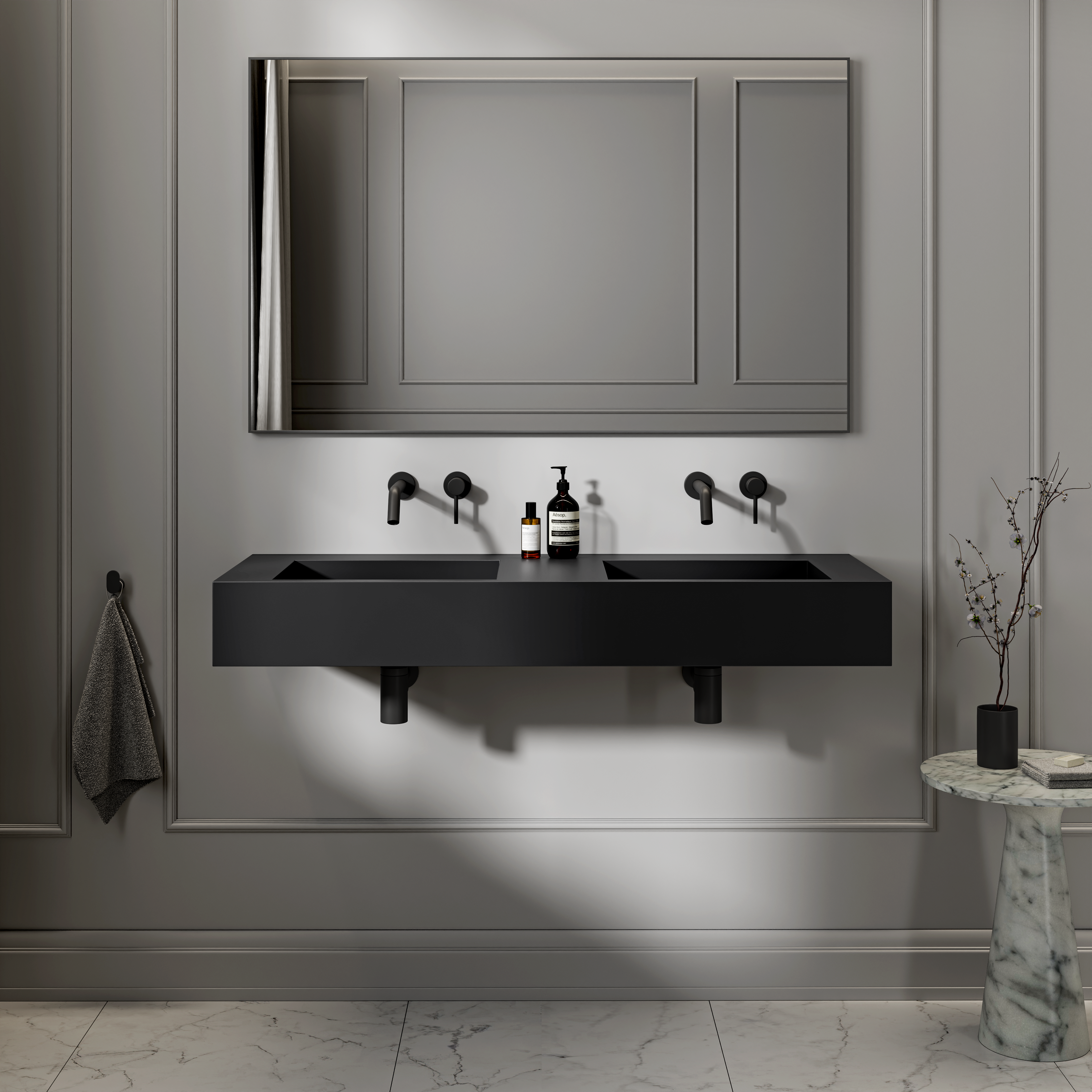 Franklin Wall Hung Double Stone Basin Matte Black 1200mm