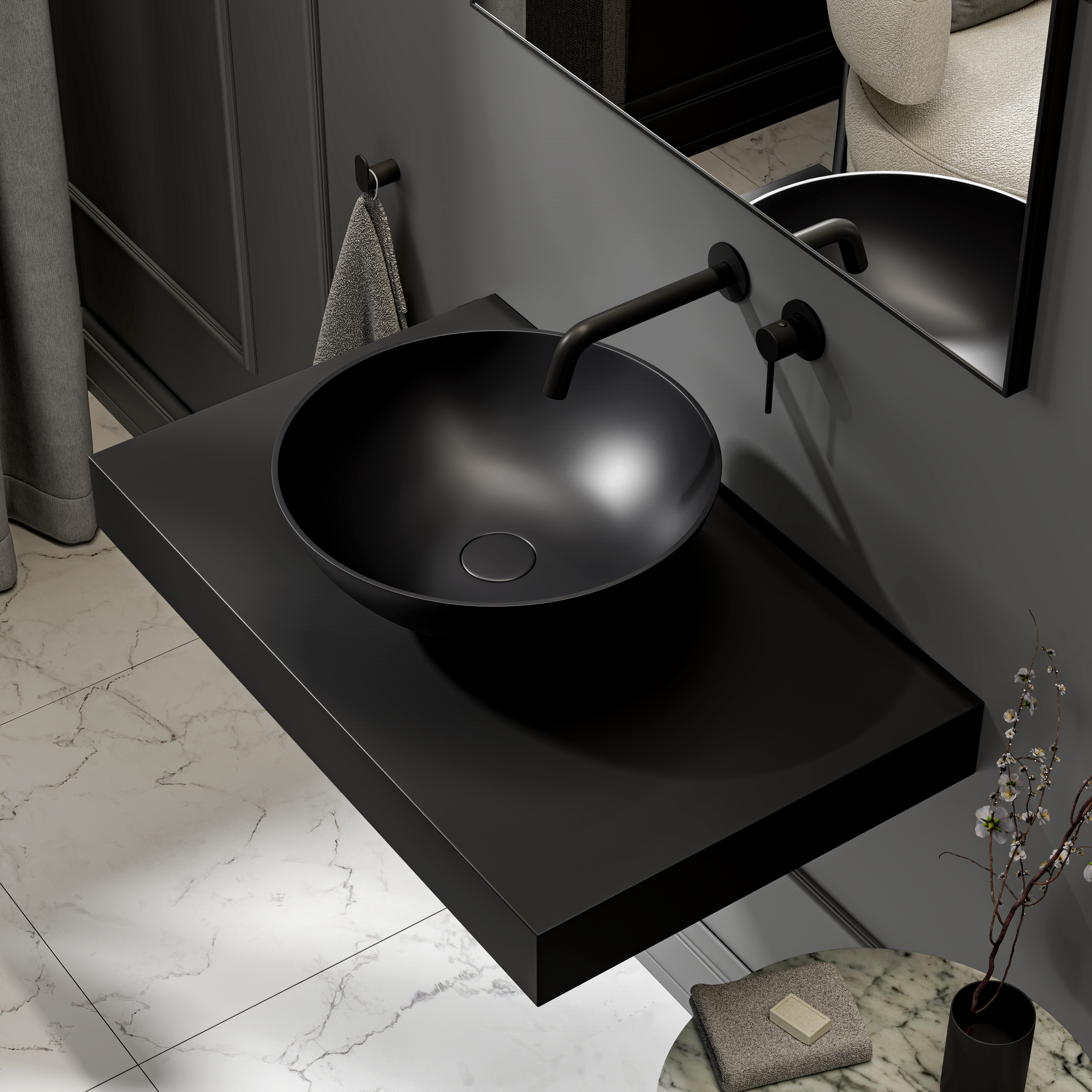 Lambeth Round Countertop Stone Basin 420mm Matte Black
