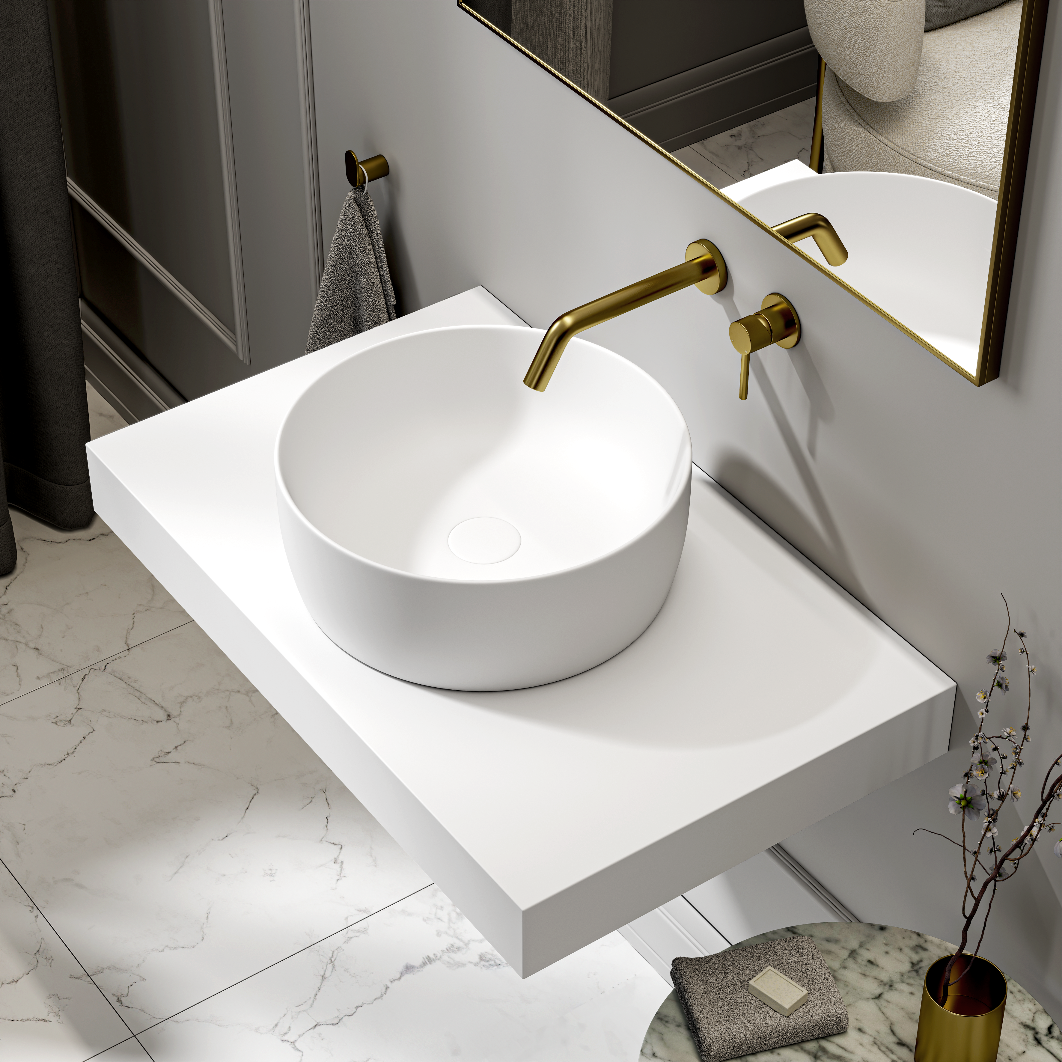 Mount Countertop Stone Basin 400mm White