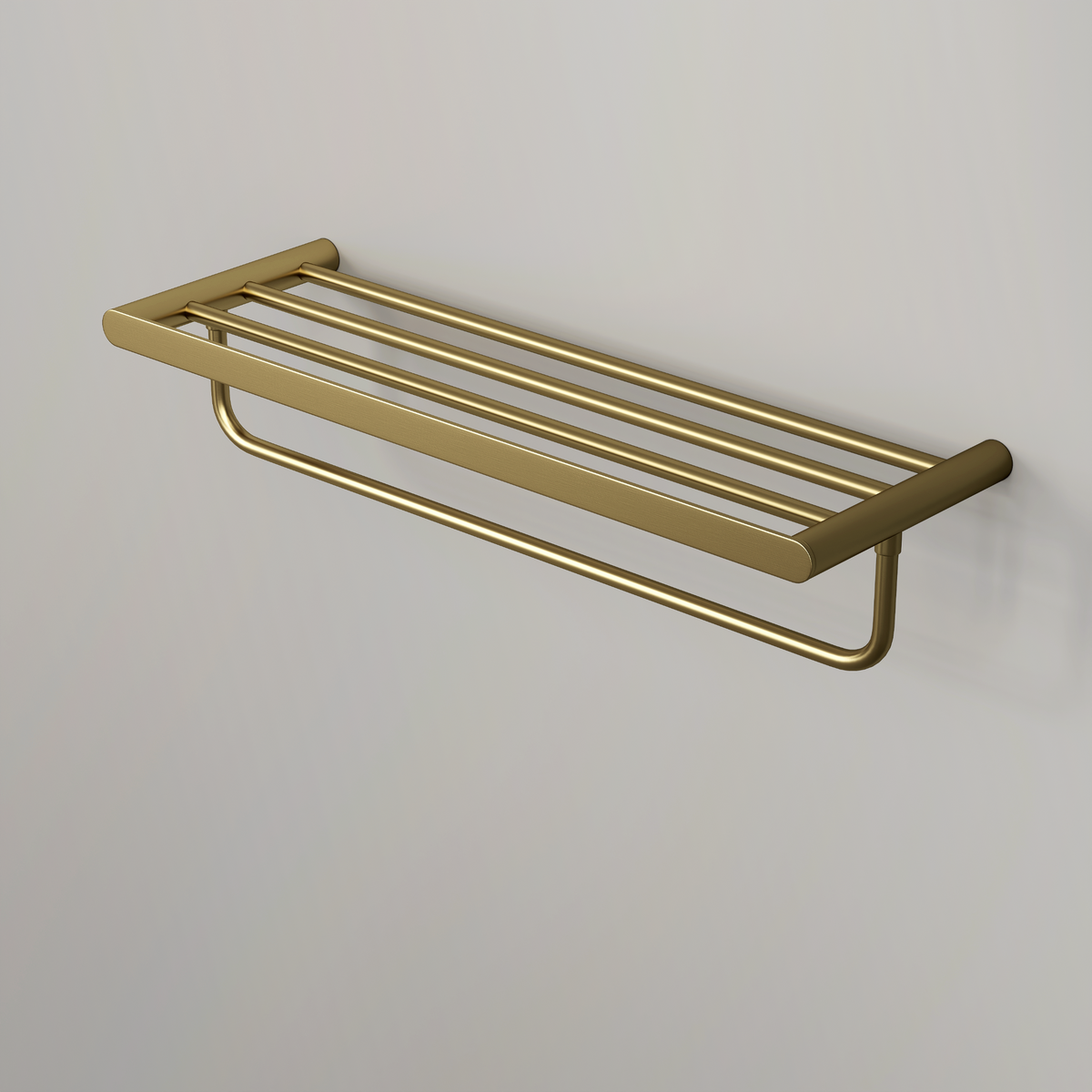 Nuvo Brushed Gold Towel Shelf With Rail 600