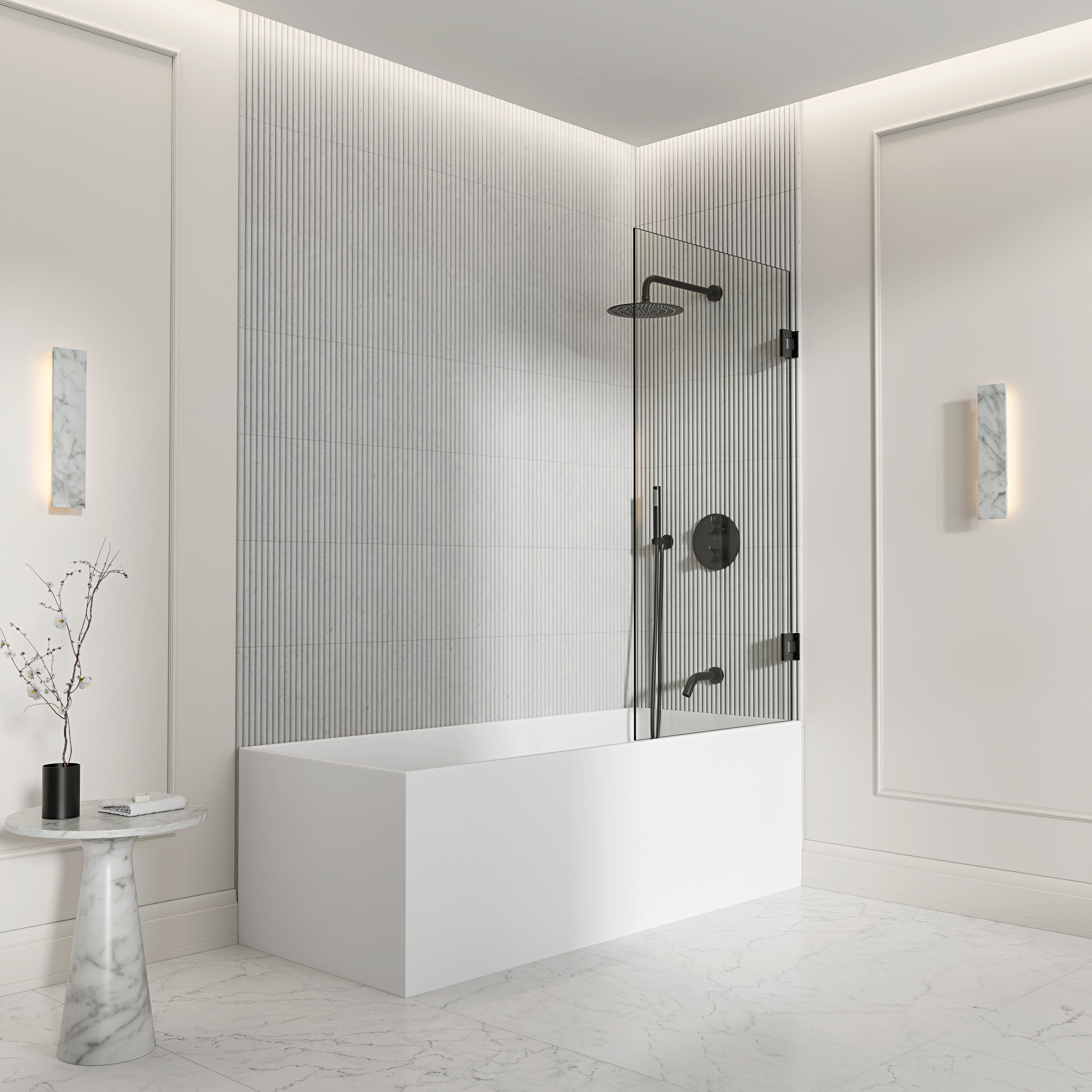 Chilton Frameless Bath Shower Screen 800mm with Matte Black Hinge