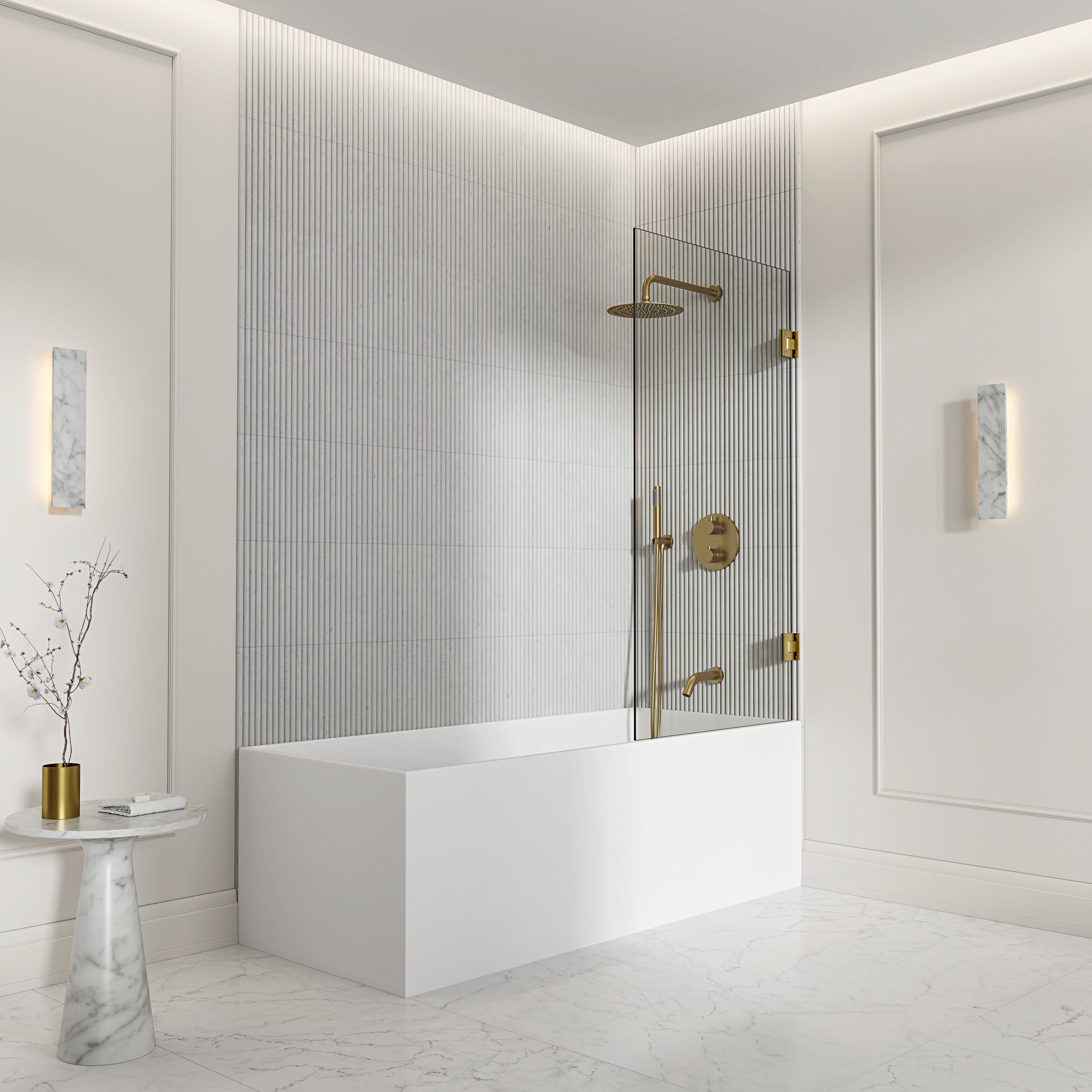 Chilton Frameless Bath Shower Screen 800mm with Brushed Gold Hinge